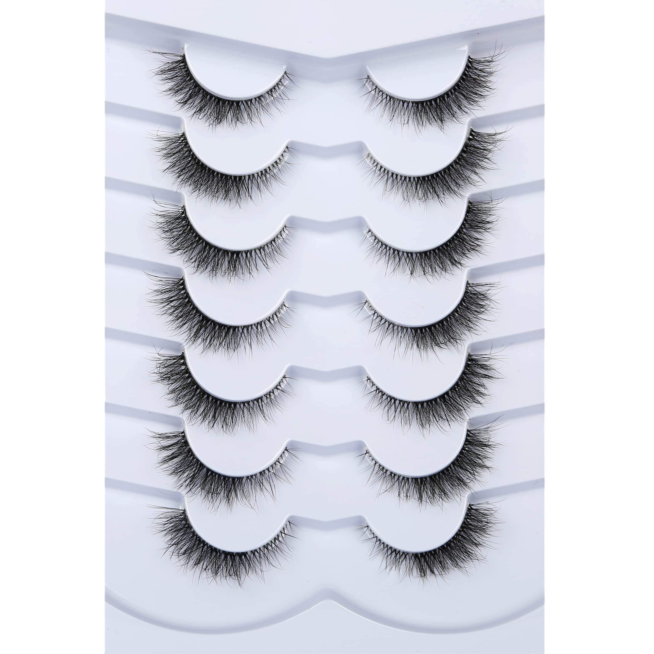 Pooplunch False Eyelashes Cat Eye Look Natural Short Lashes Wispy Clear Band Extension Volume Fake Eyelashes Faux Mink Strip Lashes 7 Pairs Pack
