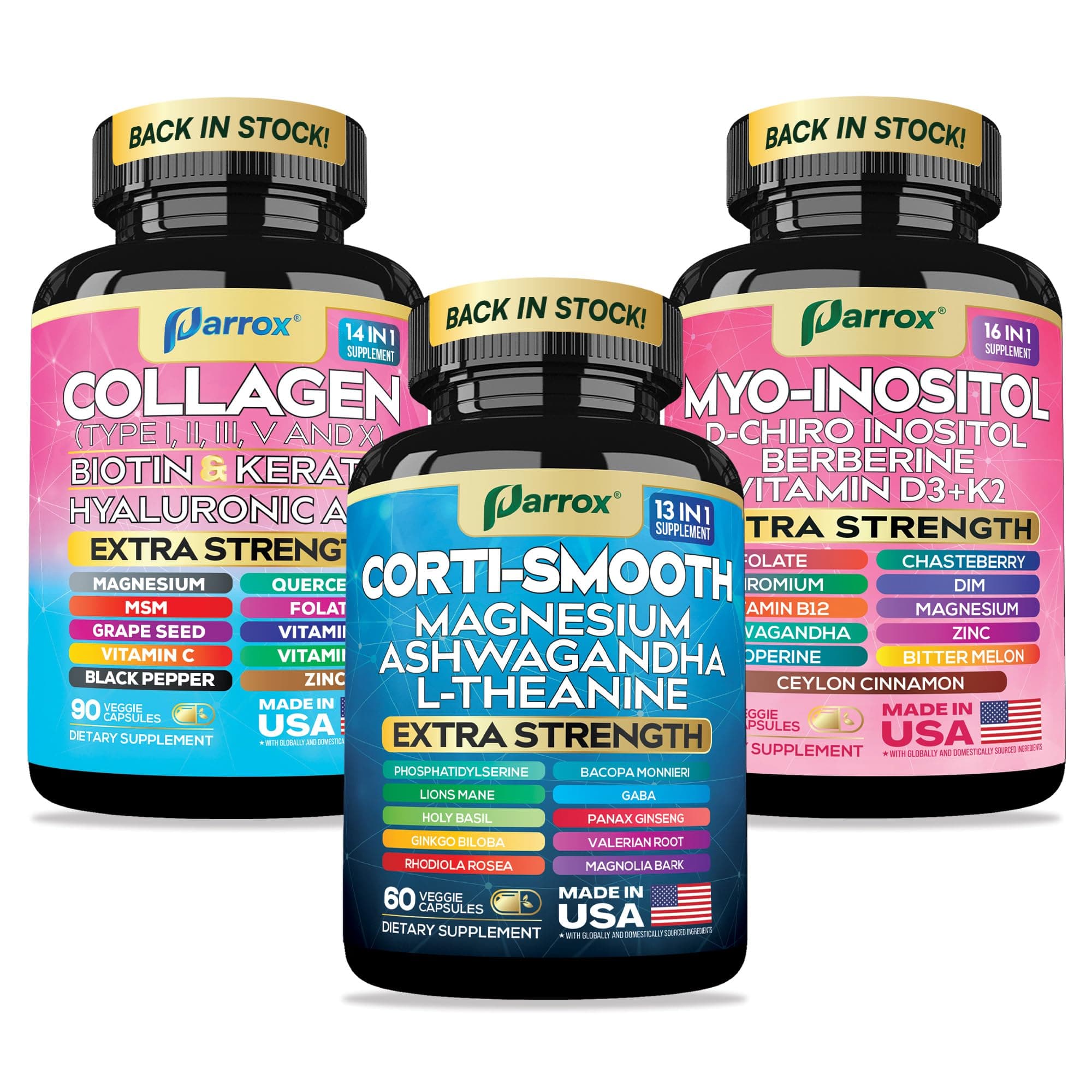 Parrox She Shines Set - Collagen Peptides Types I, II, III, V, X, Biotin, Keratin, Myo Inositol & D-Chiro Inositol, Berberine, Cortisol Support, Magnesium, Ashwagandha, L-Theanine, Lions Mane