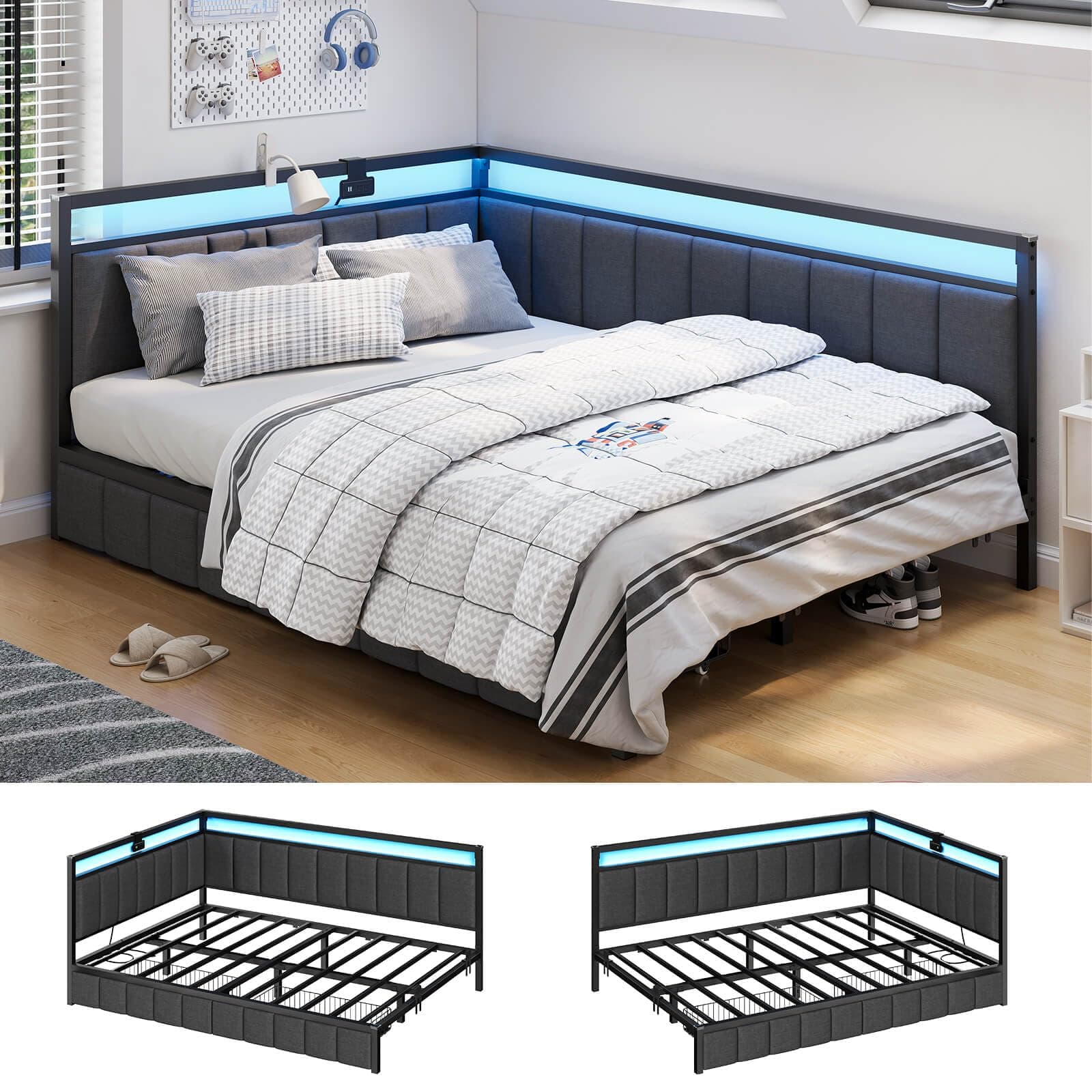 Corner Bed Frame with Storage Drawers, Full Daybed with Line Fabric Upholstered Fence, Kids Bed Unit with LED Light and Charging Station, Modern Bed Frame Full Size, Gray