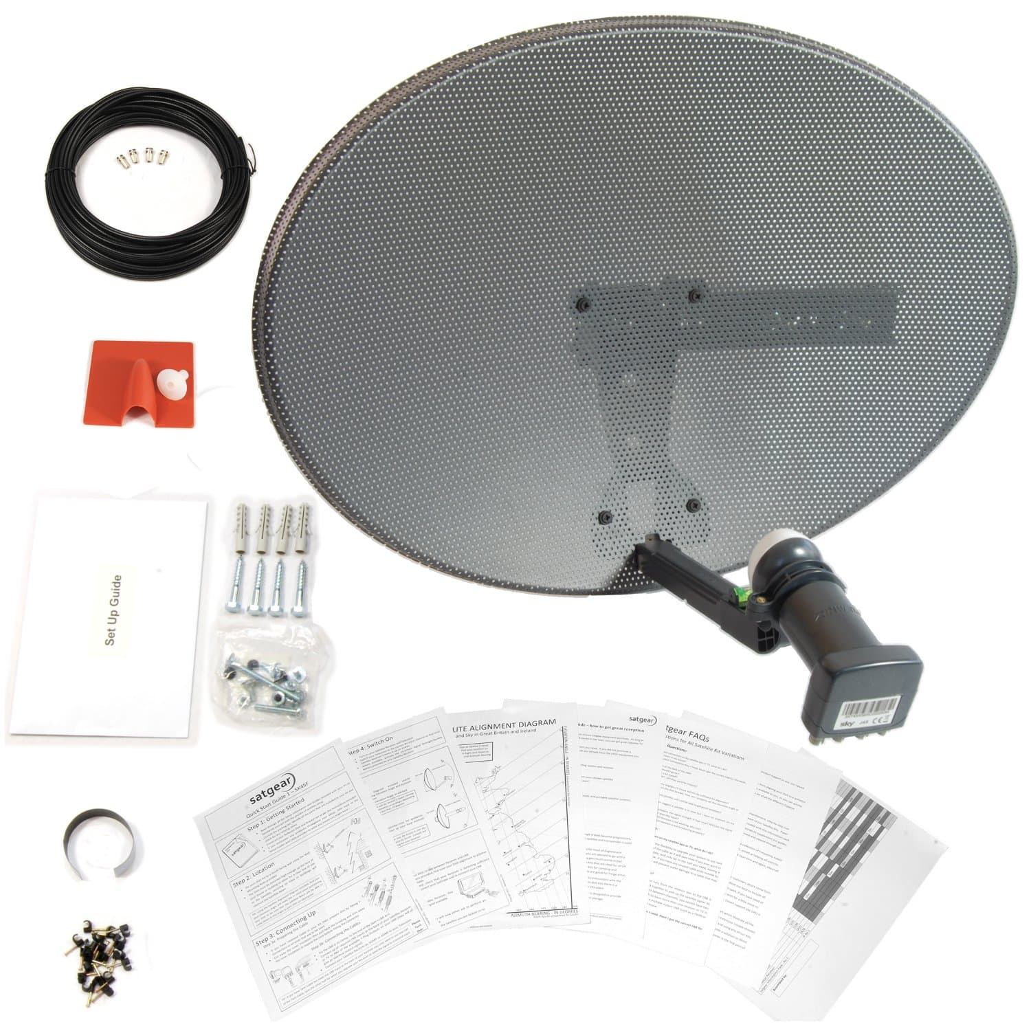 Satgear Sky/Freesat Zone 1 Satellite HD Mini Dish Kit with Guide and Quad LNB plus Brackets and Wall Bolts with 2 Year Satgear Warranty