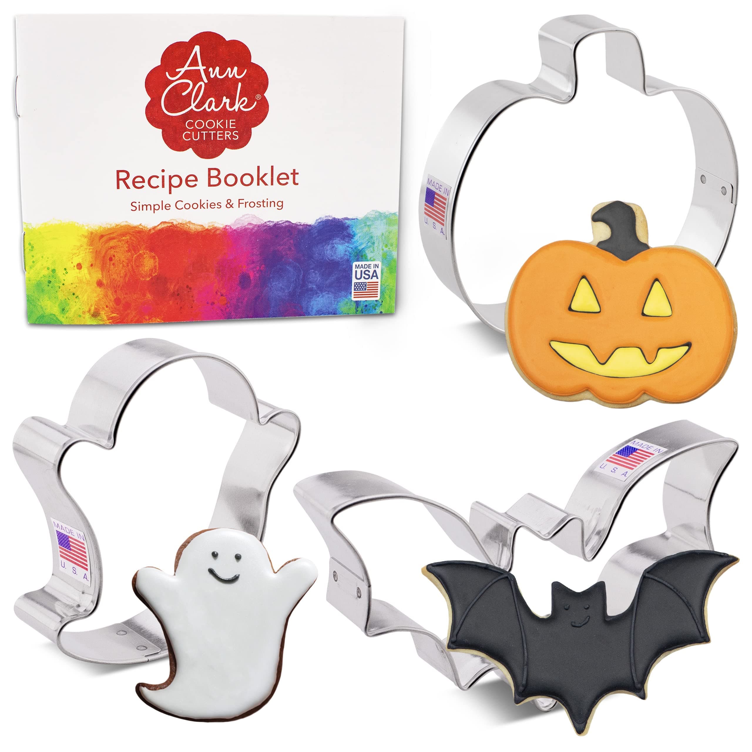 Ann Clark 3-Pc. Halloween Cookie Cutter Set, Made in USA, Small Bat, Large Pumpkin, Ghost