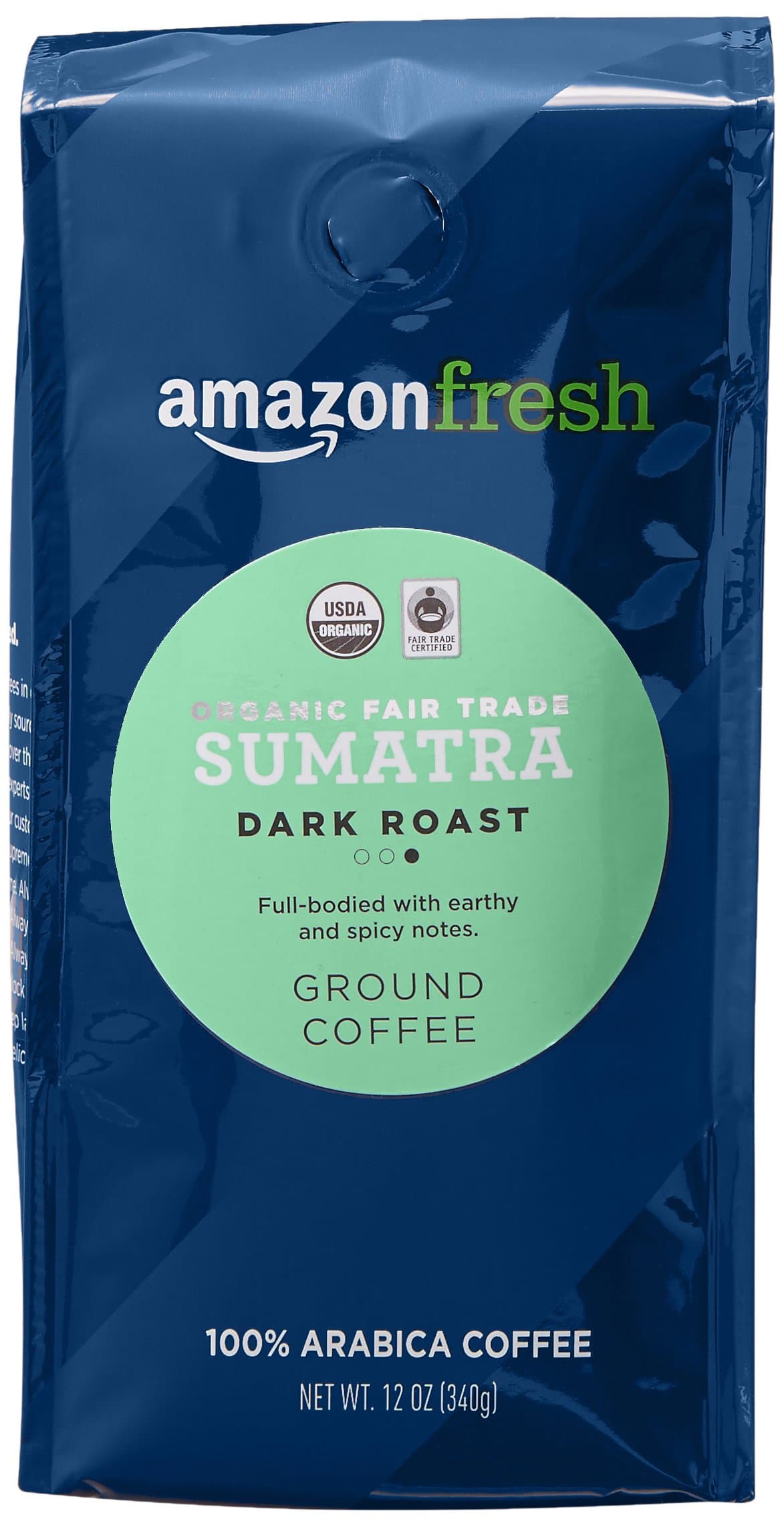 Amazon Fresh Organic Fair Trade Sumatra Ground Coffee, Dark Roast, 12 Ounce