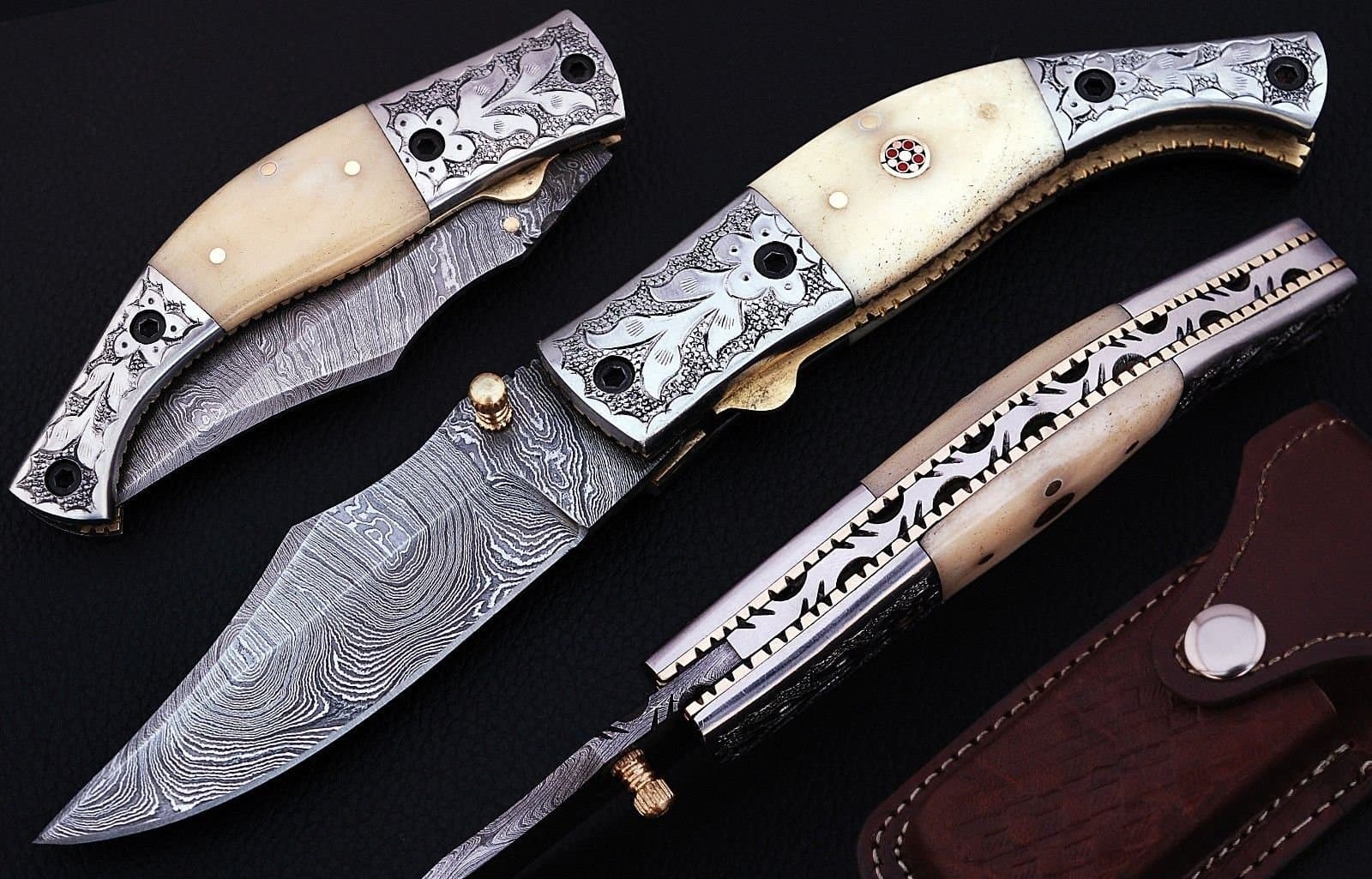 Noshra Wholesale Custom Made Bone Handle Damascus Steel Blade Folding Pocket Knife with Engraved Silver Bolster W/Case Plus Free Knife Sharpner