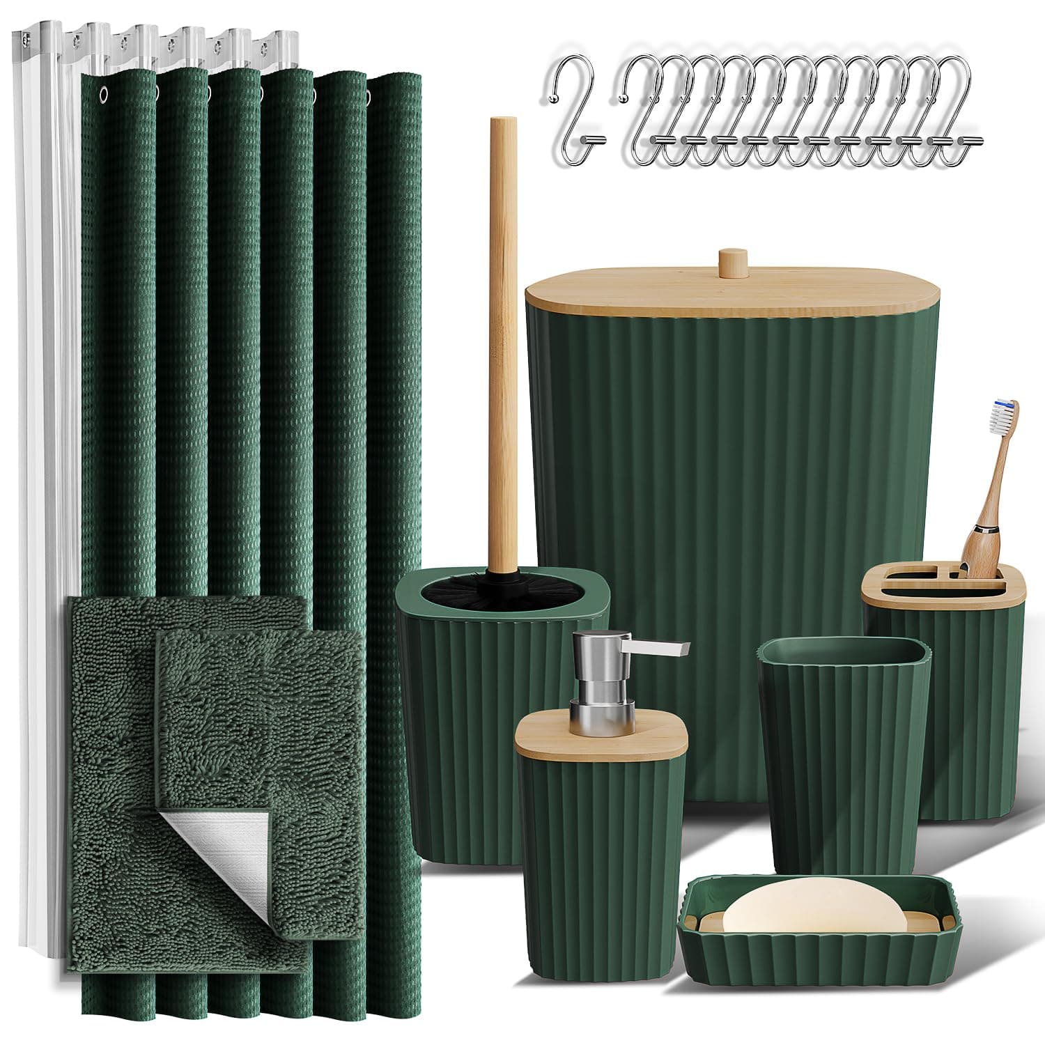 Clara Clark Bathroom Accessories Set - Bathroom Set, Bathroom Sets with Shower Curtain and Rugs, Shower Curtain Set with Bathroom Trash Can - Green - 22PC