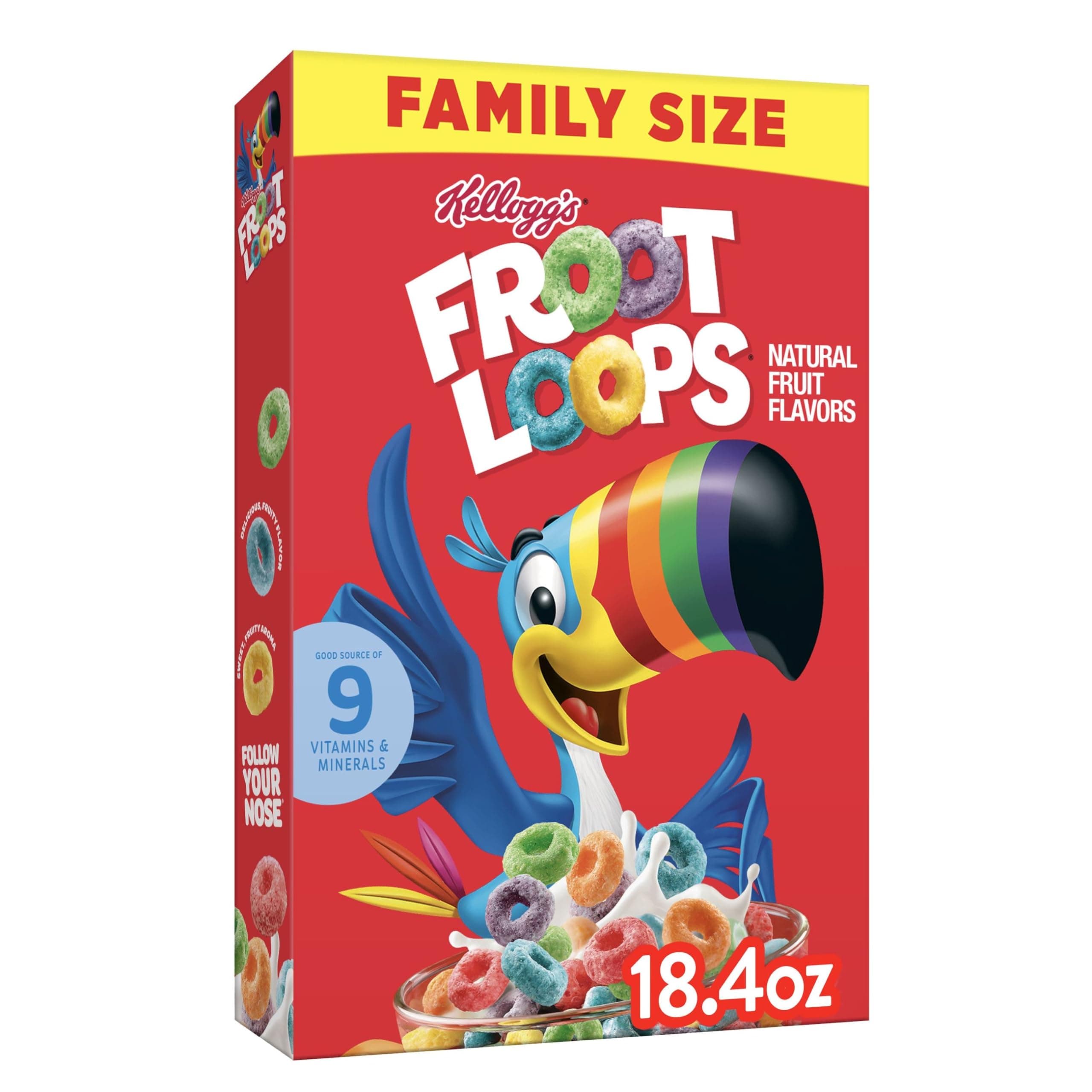 Froot LoopsKellogg's Cold Breakfast Cereal, Fruit Flavored, Breakfast Snacks with Vitamin C, Family Size, Original, 18.4oz Box (1 Box)