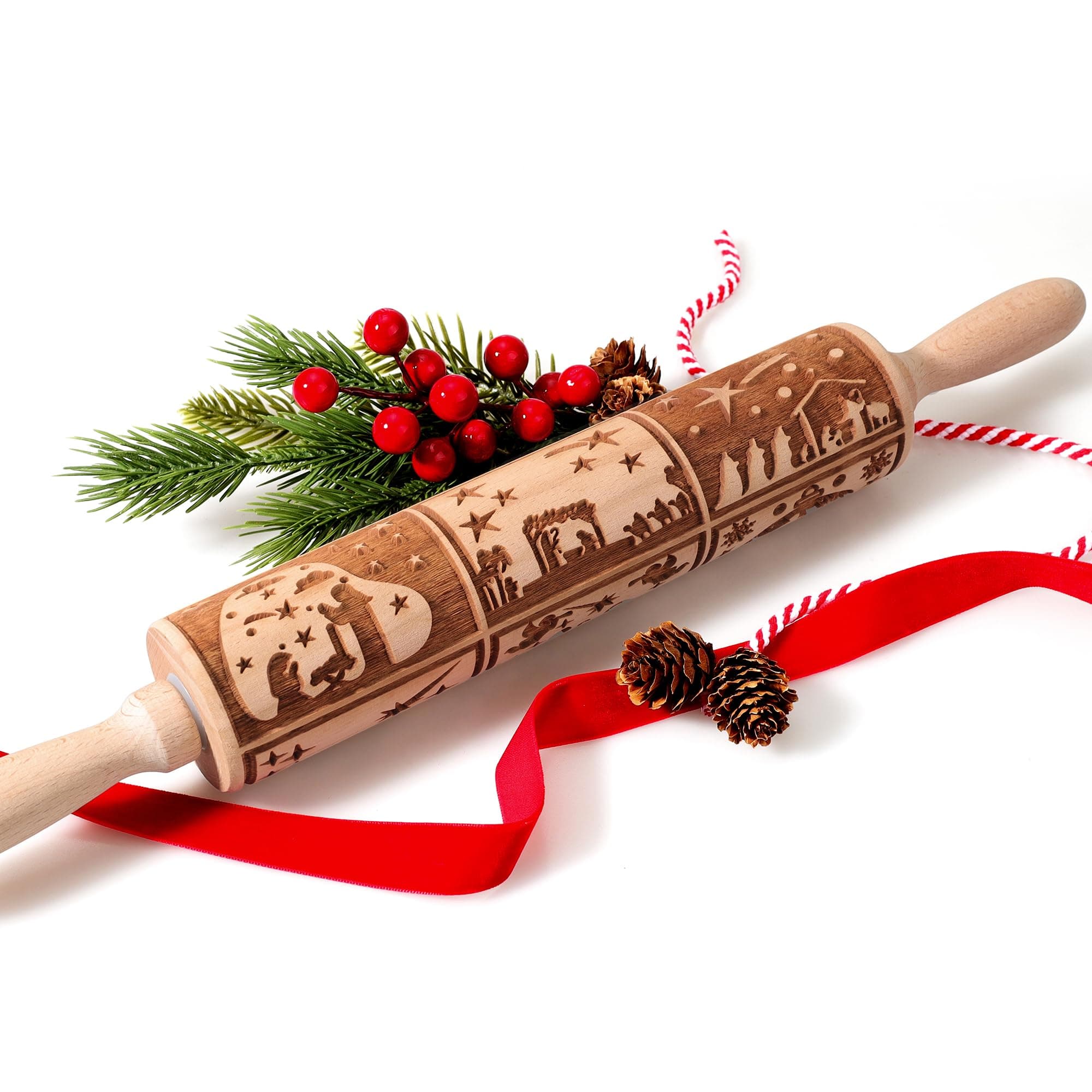 - 17" Premium Wooden Rolling Pins for Baking with Nativity Embossed Designs | 3mm Deep Springerle Cookie Molds | Christmas Rolling Pin & Baking Gifts for Women | Includes 3-in-1 Cleaning Brush 