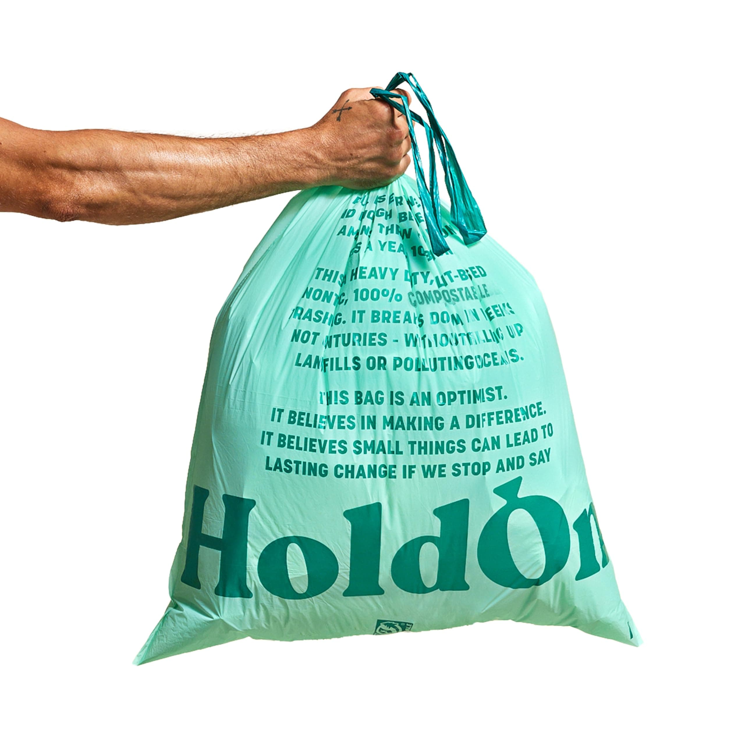 HoldOn 13-Gallon Trash Bags – Plant-based Tall Kitchen Trash Bags with Drawstring Handles for Tall Trash Bins, Heavy-duty and Compostable Large Trash Bags (40 bags)