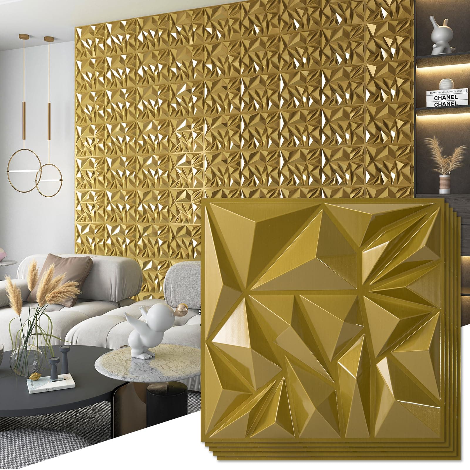 33-Pack 3D Panels for Interior Decor, Diamond Textured Feature Paneling for Gaming Living Room TV Background Accent - 12 x 12 Inch Gold