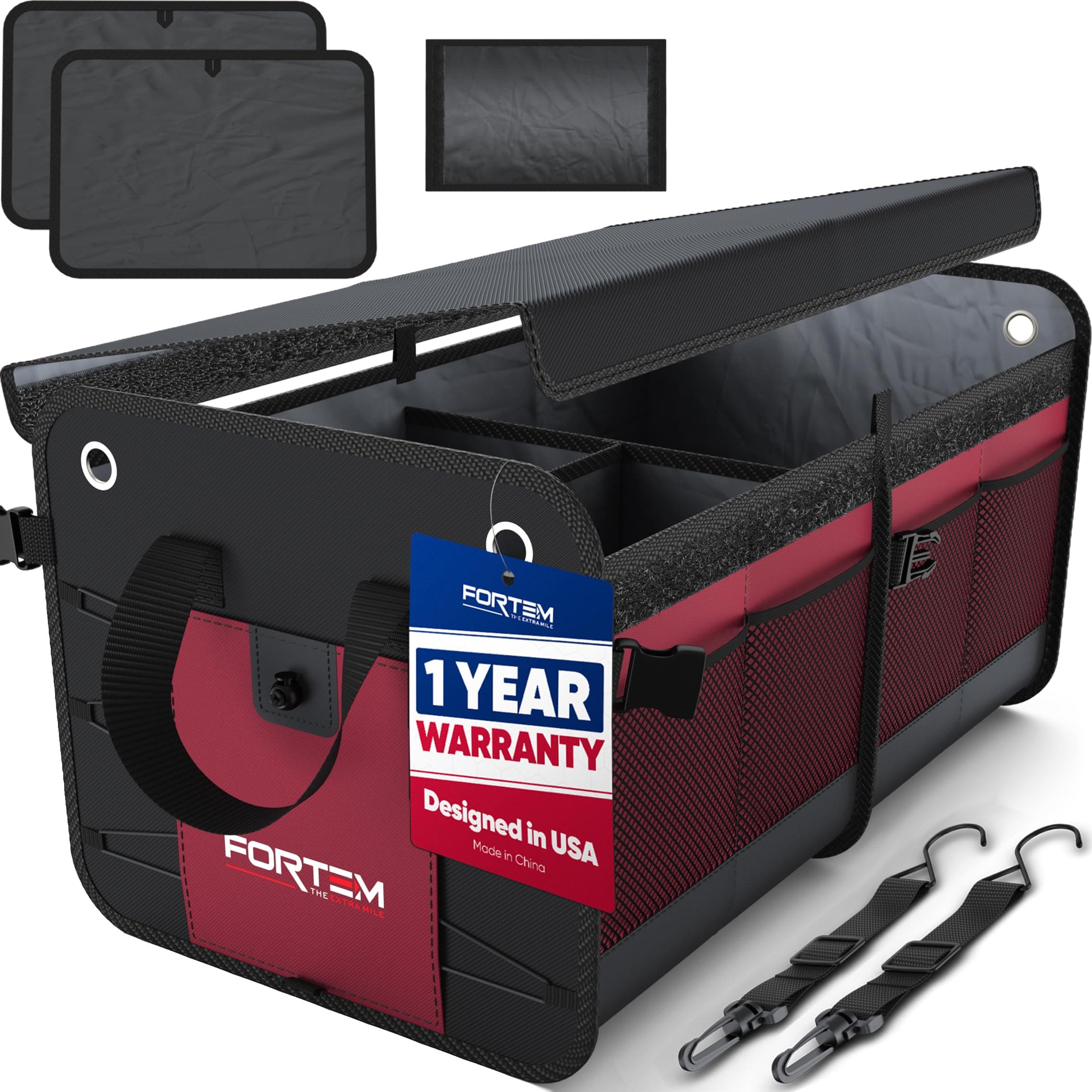 Car Trunk Organizer, Foldable Cover, Non-Slip Waterproof Bottom, Straps, Cargo Storage (2 Compartments, Red)