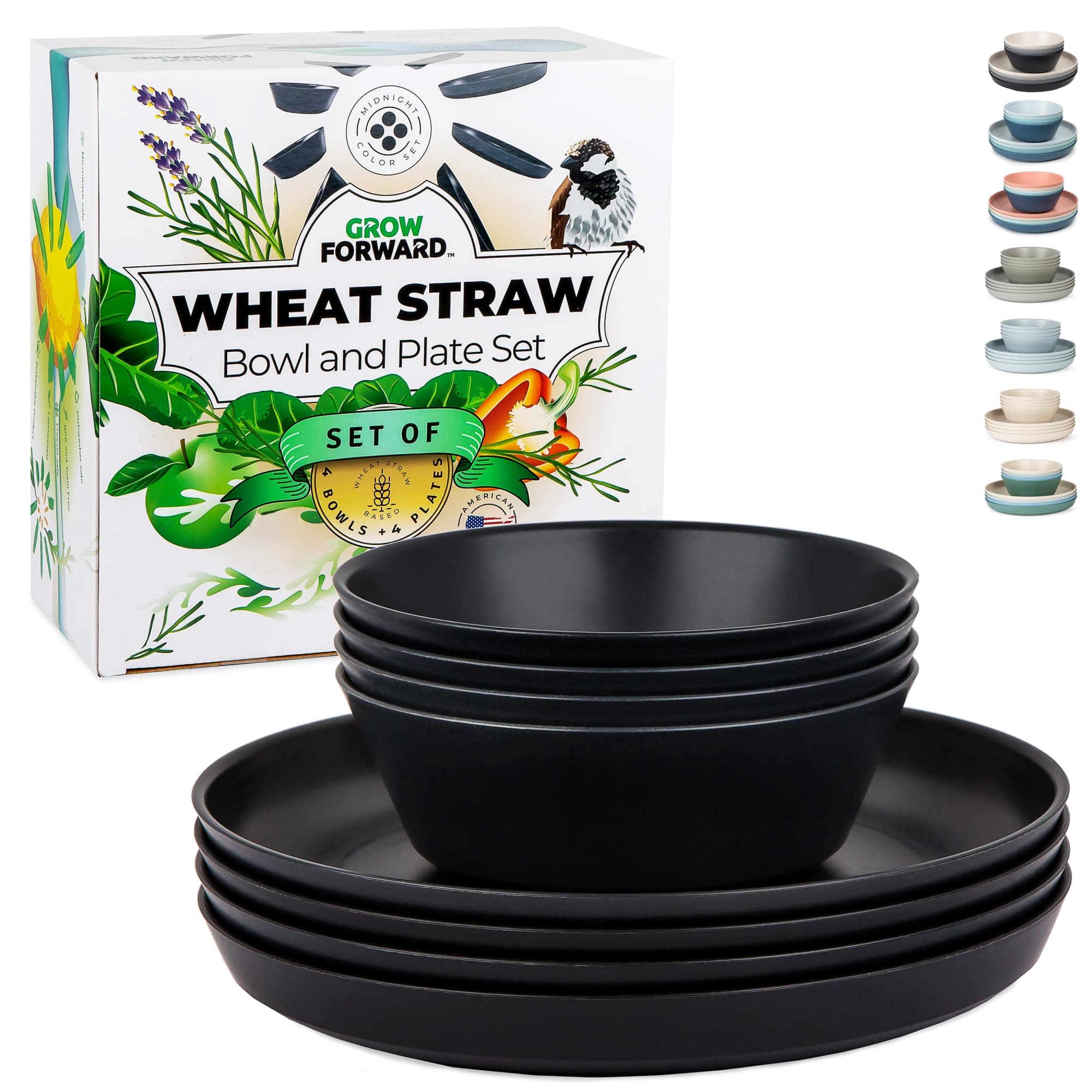 Grow Forward Premium Wheat Straw Plates and Bowls Sets - 8-Piece Wheat Straw Dinnerware Sets - Unbreakable & Reusable Microwave Safe Plastic Dinner Plates for Outdoors, RV, Camping Dishes - Midnight