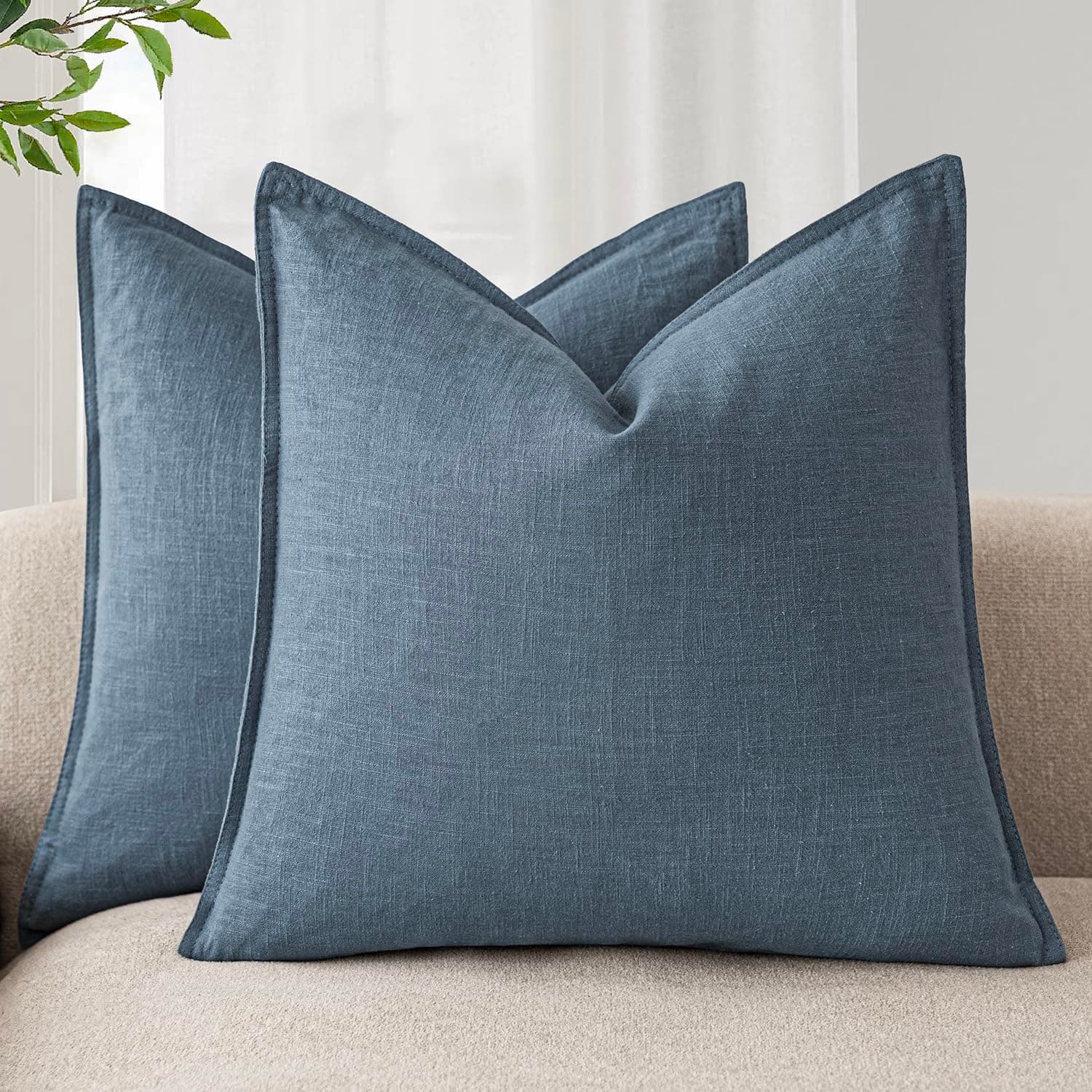 Foindtower Set of 2, Decorative Linen Soild Throw Pillow Covers Soft Accent Cushion Euro Case Boho Farmhouse Pillowcase for Chair Couch Sofa Bedroom Living Room Home Decor 16 x 16 Inch Misty Blue