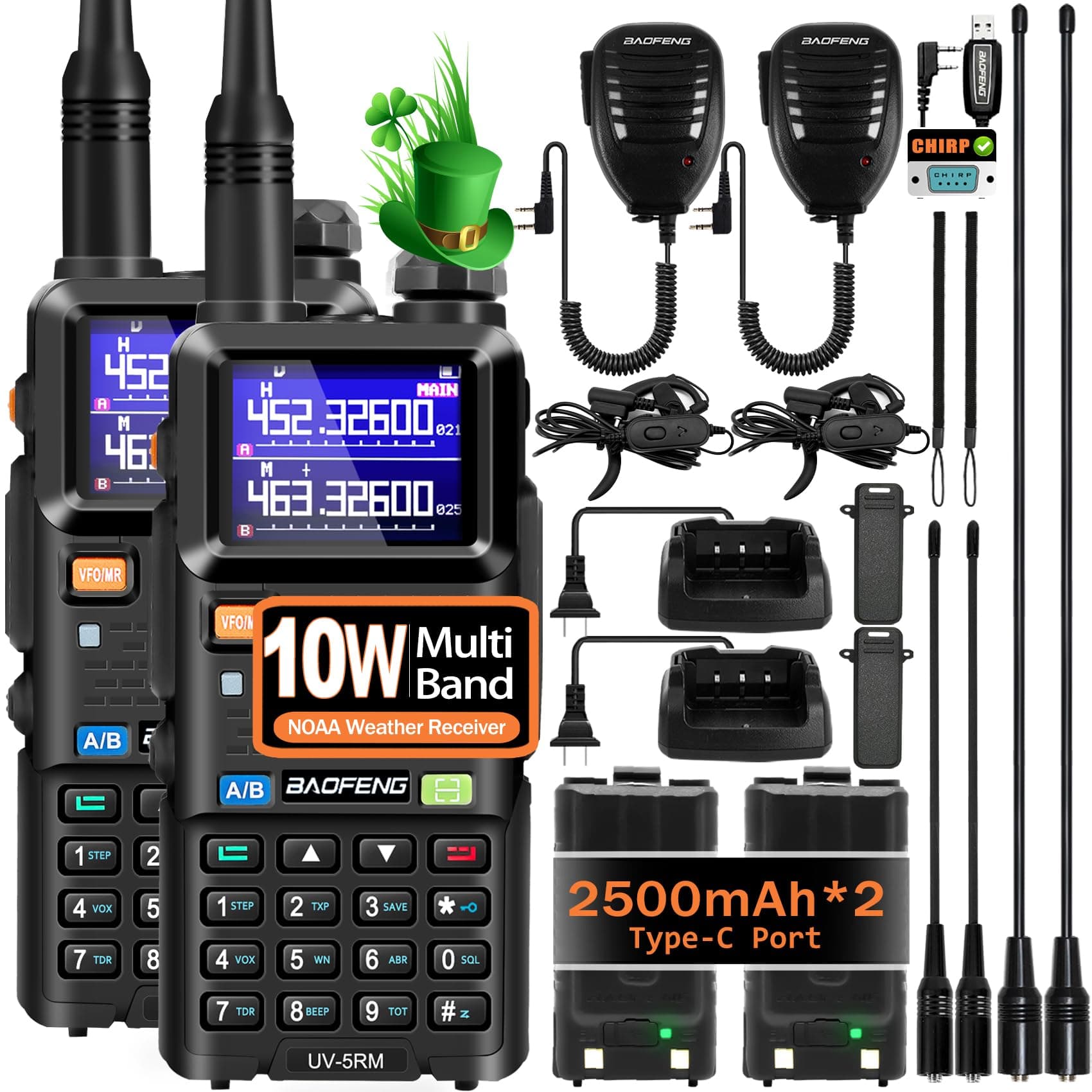 UV-5RM 10W Handheld Ham Radio Long Range, Portable Two Way Radio with 2500mAh Type-C Charging Battery, Rechargeable 5RM Multi-Band Walkie Talkies for Adults (2 Pack)