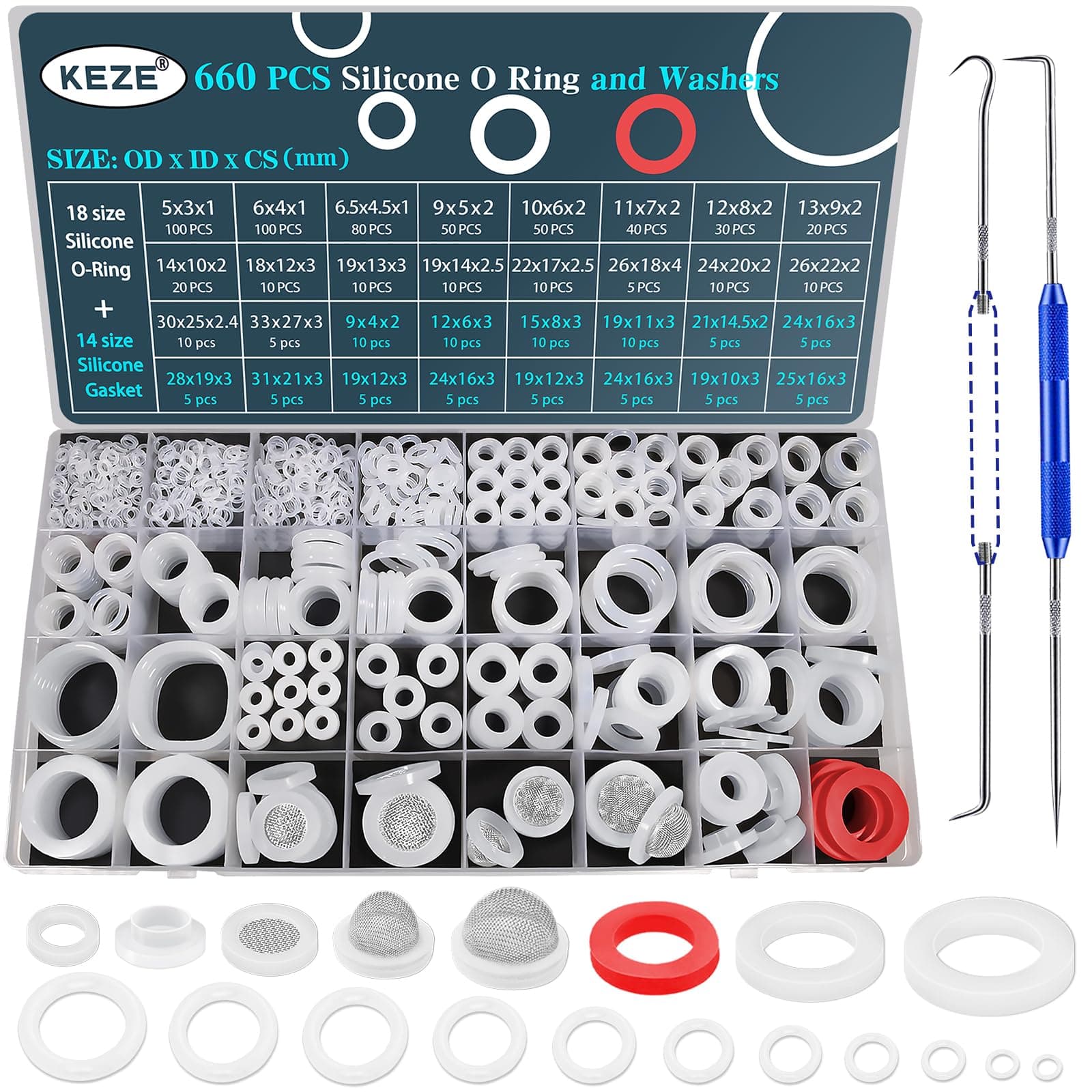 KEZE 660 PCS 18 Size Clear Silicone O Rings Assortment Kit and 14 Size Silicone Washer Set,Silicone O Ring for Seal Plumbing Faucet Hose