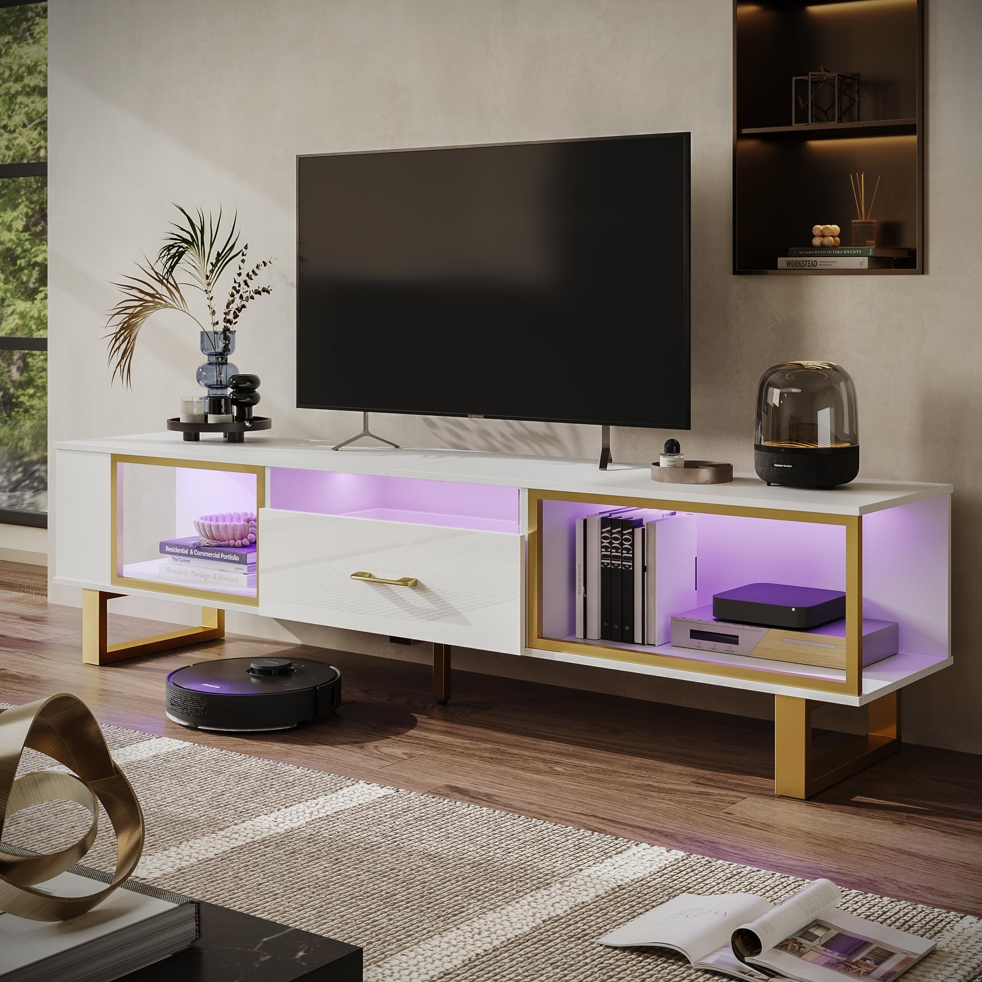 Bestier TV Stand with LED Light for TVs up to 80 Inch, White Entertainment Center with Open Storage and Half-Glass Design Drawer, Modern High Gloss Media Console for Living Room, White and Gold