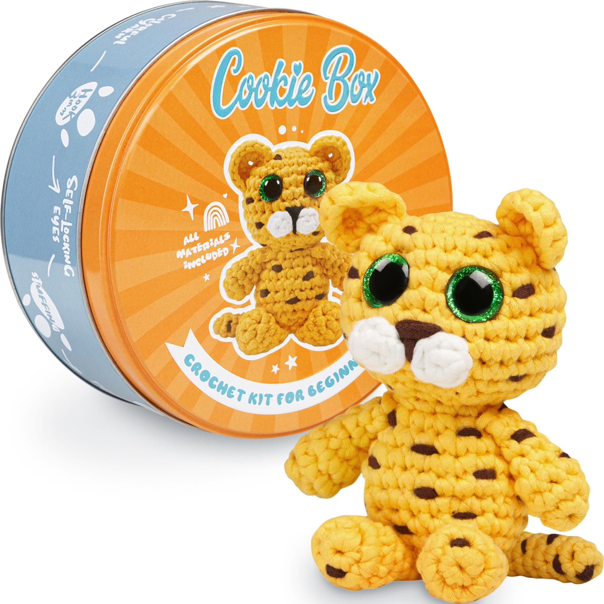Cookie Box Original Crochet Kit for Beginners – Gift Set to Make Leopard Leo Amigurumi Plushie – Easy DIY Crochet & Knitting Starter Kit with Video and PDF Tutorials