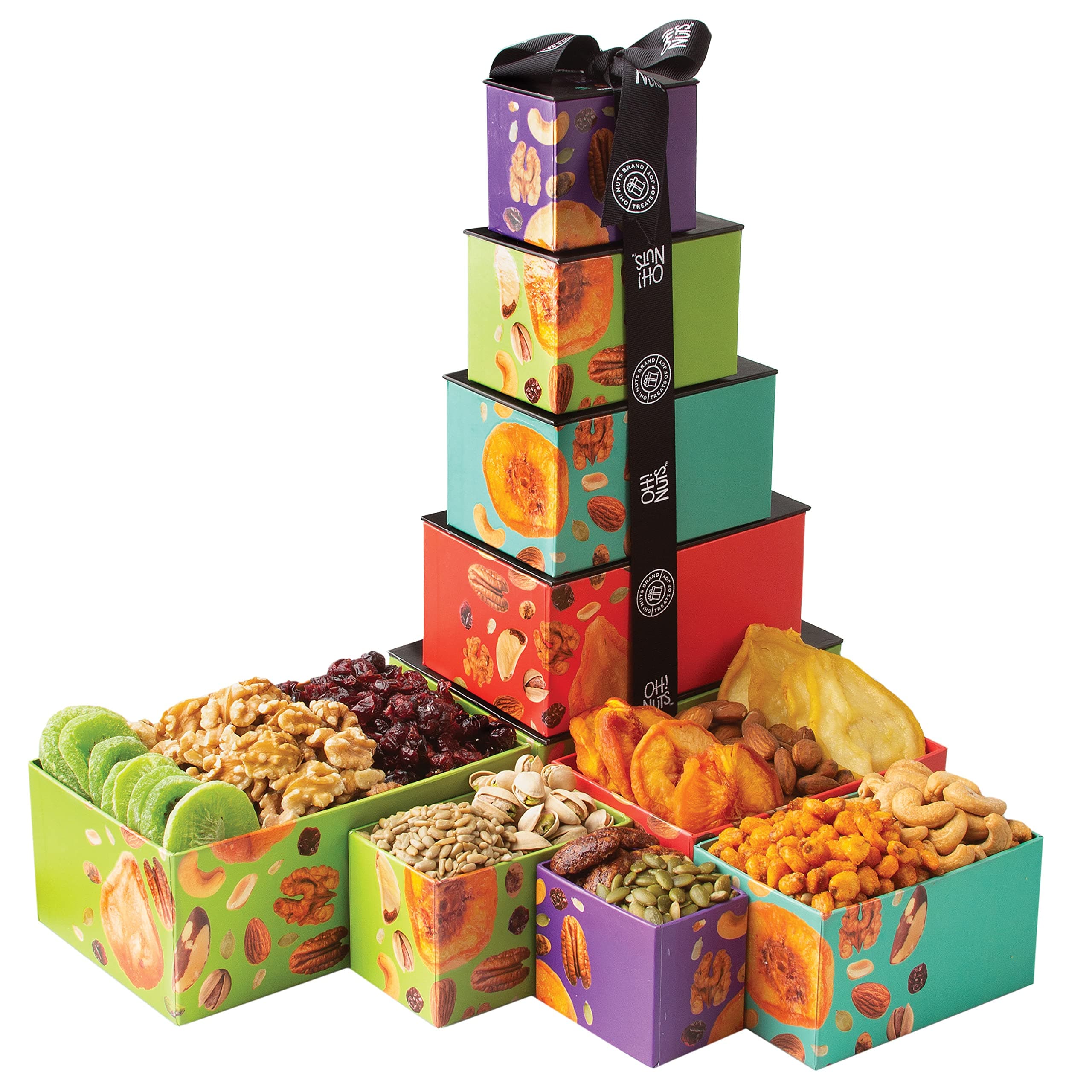 Oh! Nuts & Dried Fruit Tower Gift Basket | 5 Tier Gourmet Holiday Snack Tower | Great for Birthday, Anniversary, Parties Decoration -