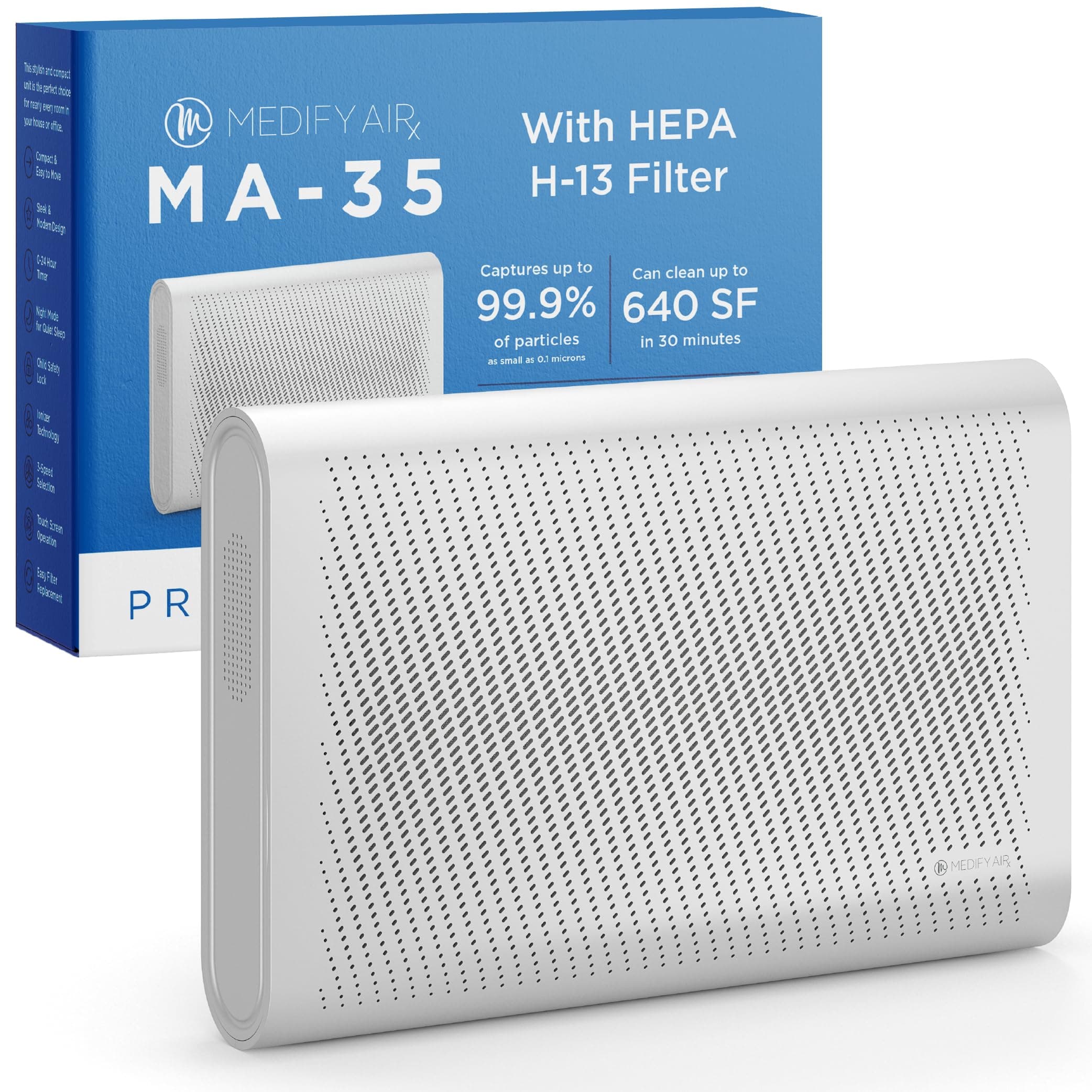 Medify MA-35 Air Purifier with True HEPA H13 Filter | 1,280 ft² Coverage in 1hr for Allergens, Smoke, Wildfires, Odors, Pollen, Pet Dander | Removal to 0.1 Microns | Silver, 1-Pack