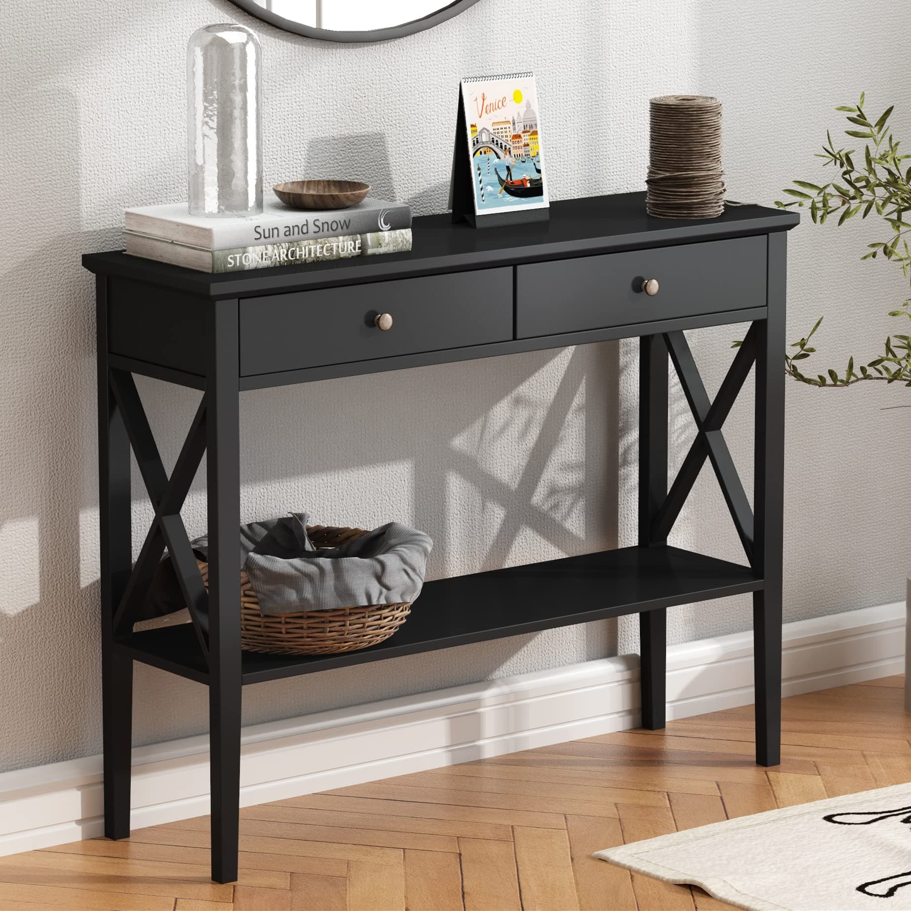 Console Table with Drawers, Narrow Wood Accent Sofa Table Entryway Table with Storage Shelf for Entryway, Front Hall, Hallway, Living Room, Black