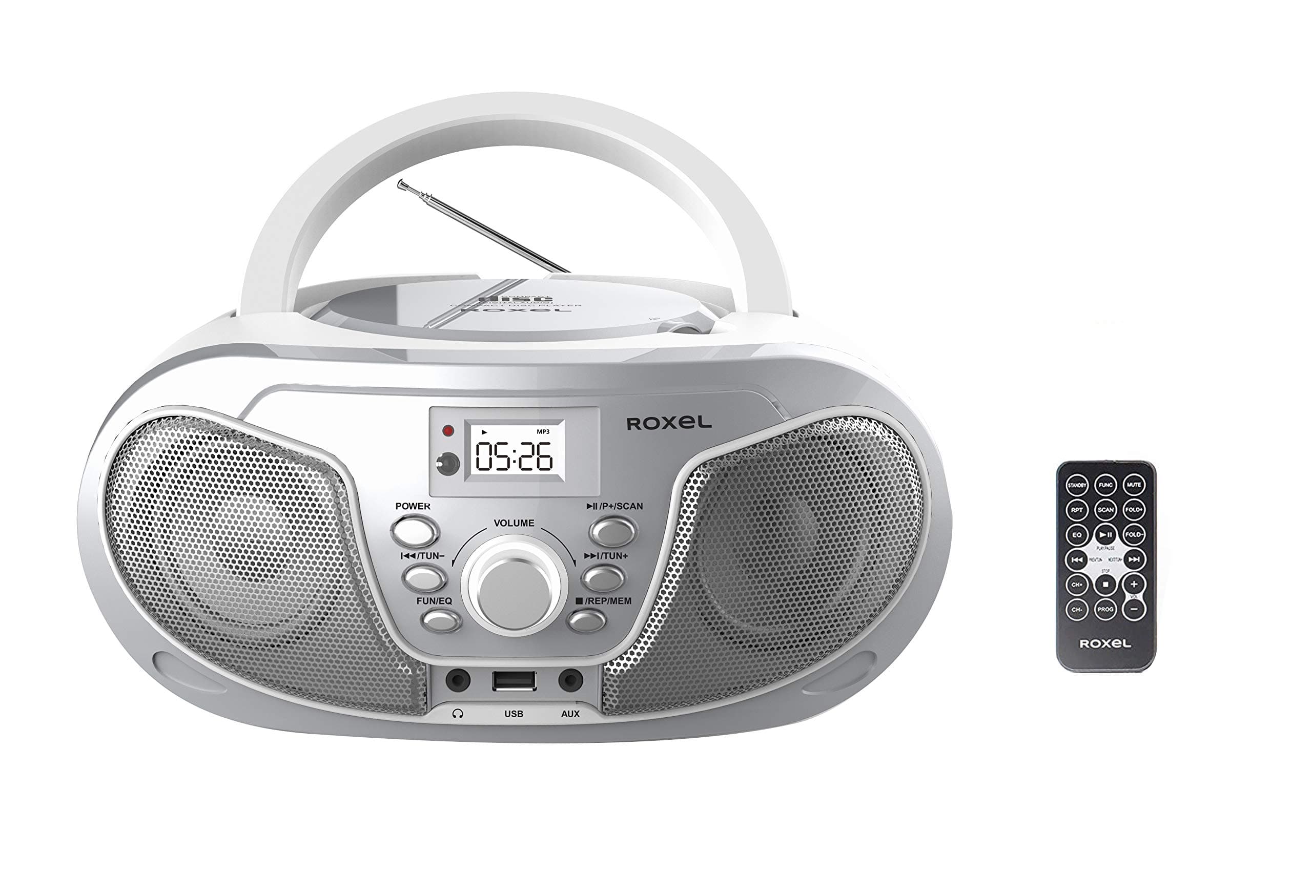 – Roxel RCD-S70BT Portable Boombox CD Player with Remote Control, FM Radio, USB MP3 Playback, 3.5mm AUX Input, Headphone Jack, LED Display Wireless Music Streaming(Silver)