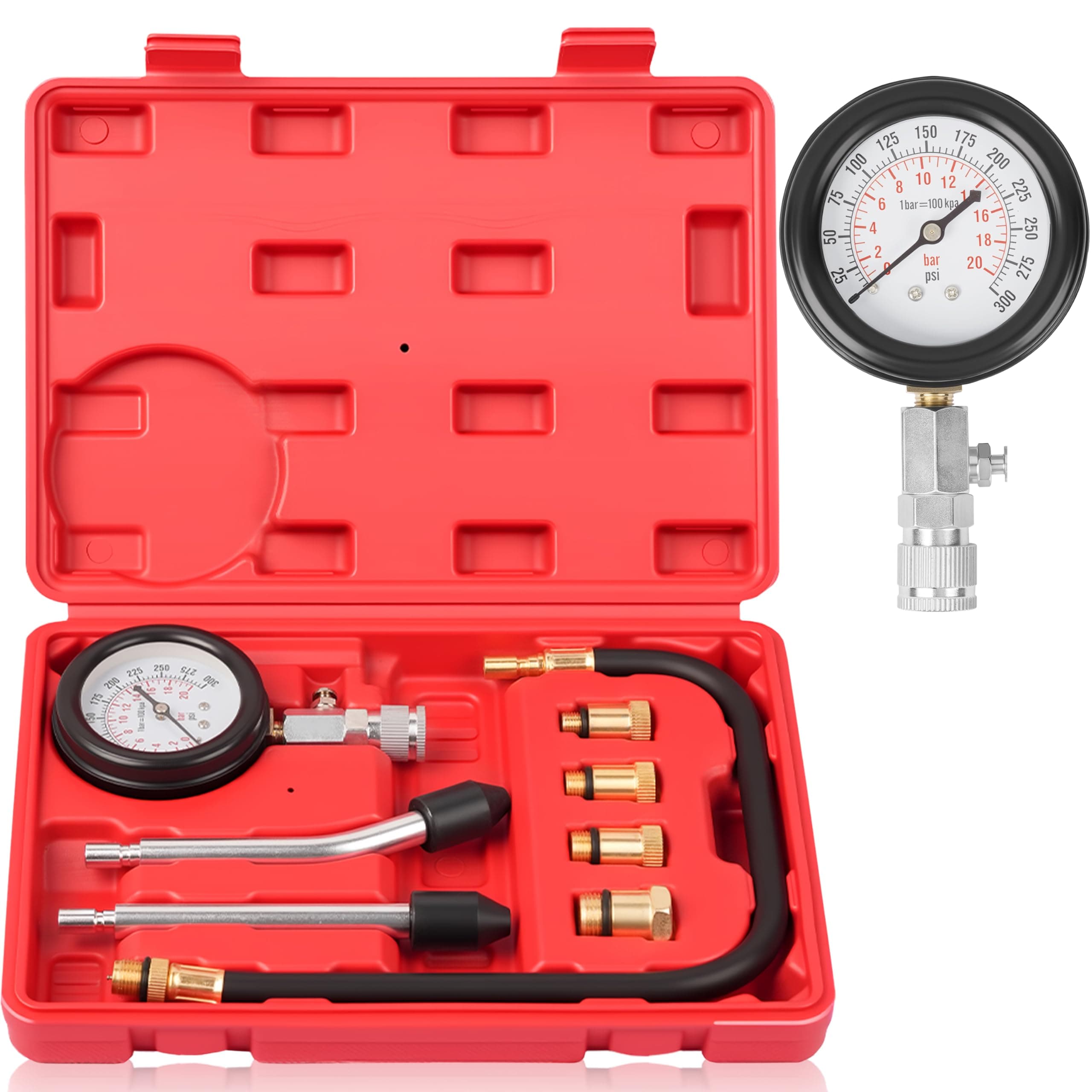 Professional Petrol Engine Compression Tester Kit Set for Automotives and Motorcycles - Red