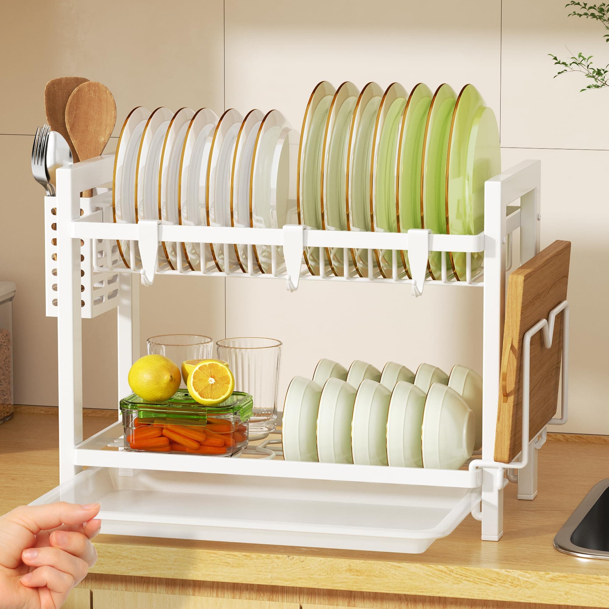 2 Tier White Dish Drainer Rack with Drip Tray (52 * 24.5 * 34.5), Dish Drying Rack Kitchen with Utensil Cutting & Board Holder for Kitchen Counter