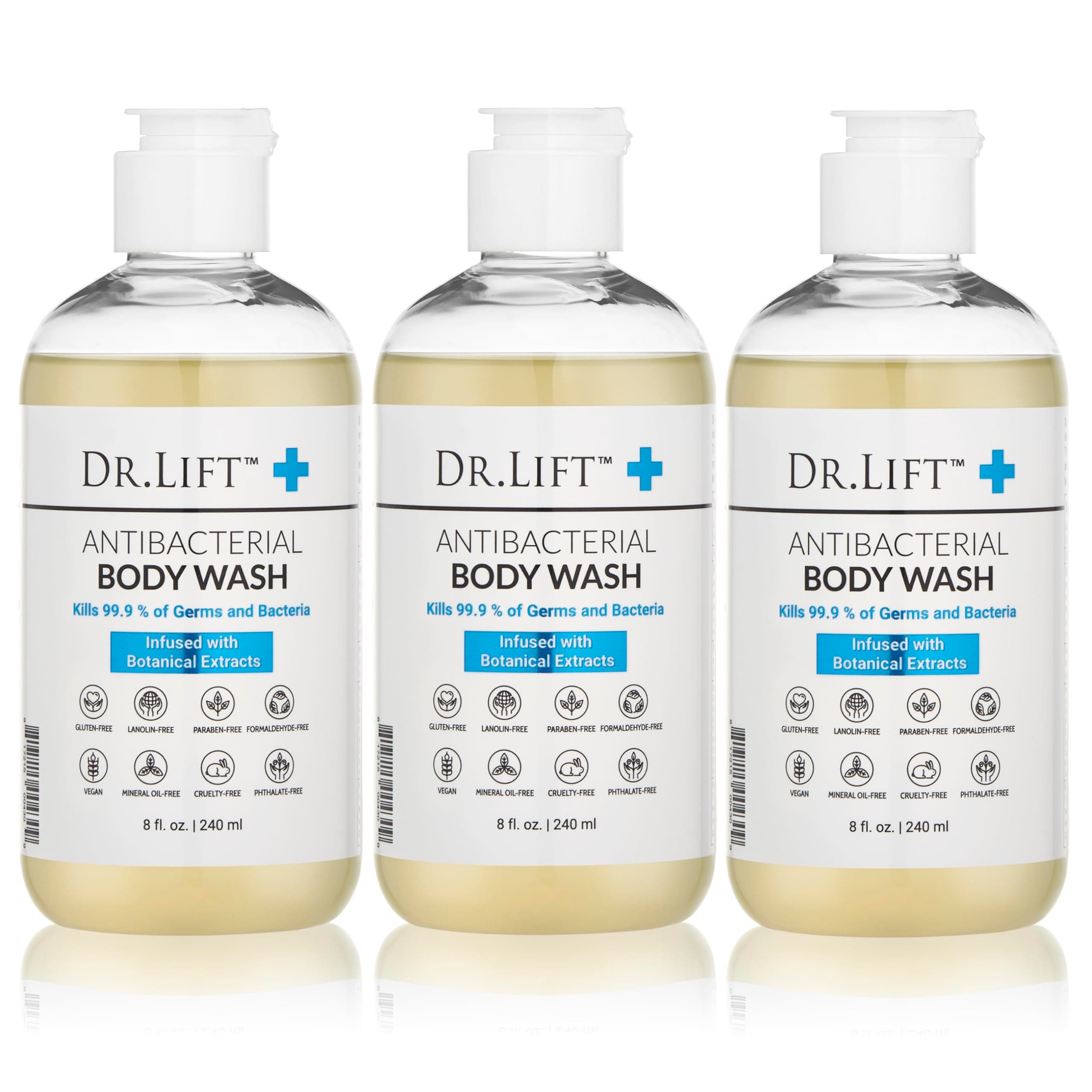 Antibacterial Body Wash, 8 oz (3-Pack) - Gentle & Effective Shower Gel - Made in America