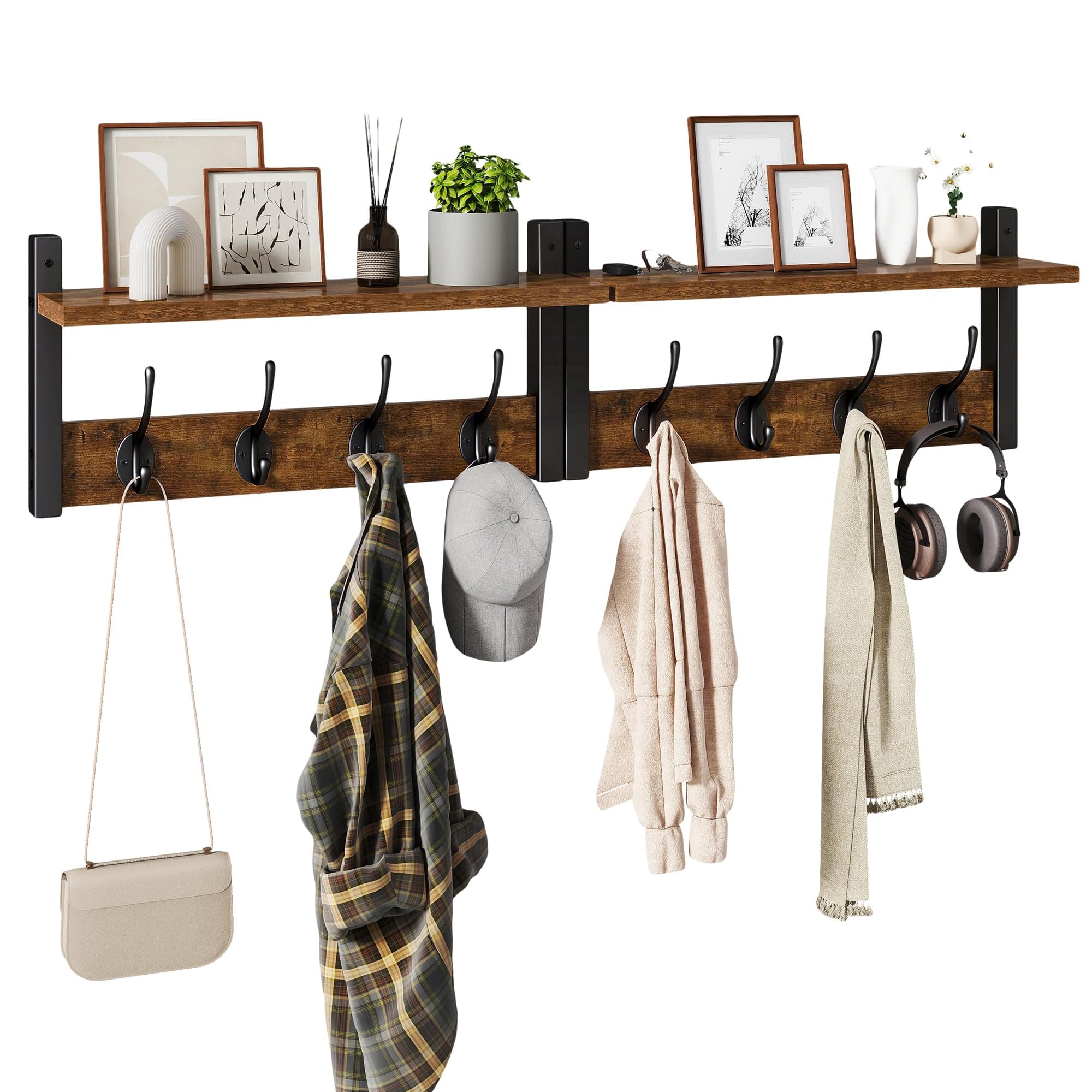 YMYNY Coat Rack Shelf Wall Mounted, Coat Hooks Set of 2, Entryway Coat Hanger with 8 Hooks, 31.5" Wall Floating Shelf with Hat Rack, for Kitchen, Bedroom, Bathroom, Rustic Brown UHWS001H-2