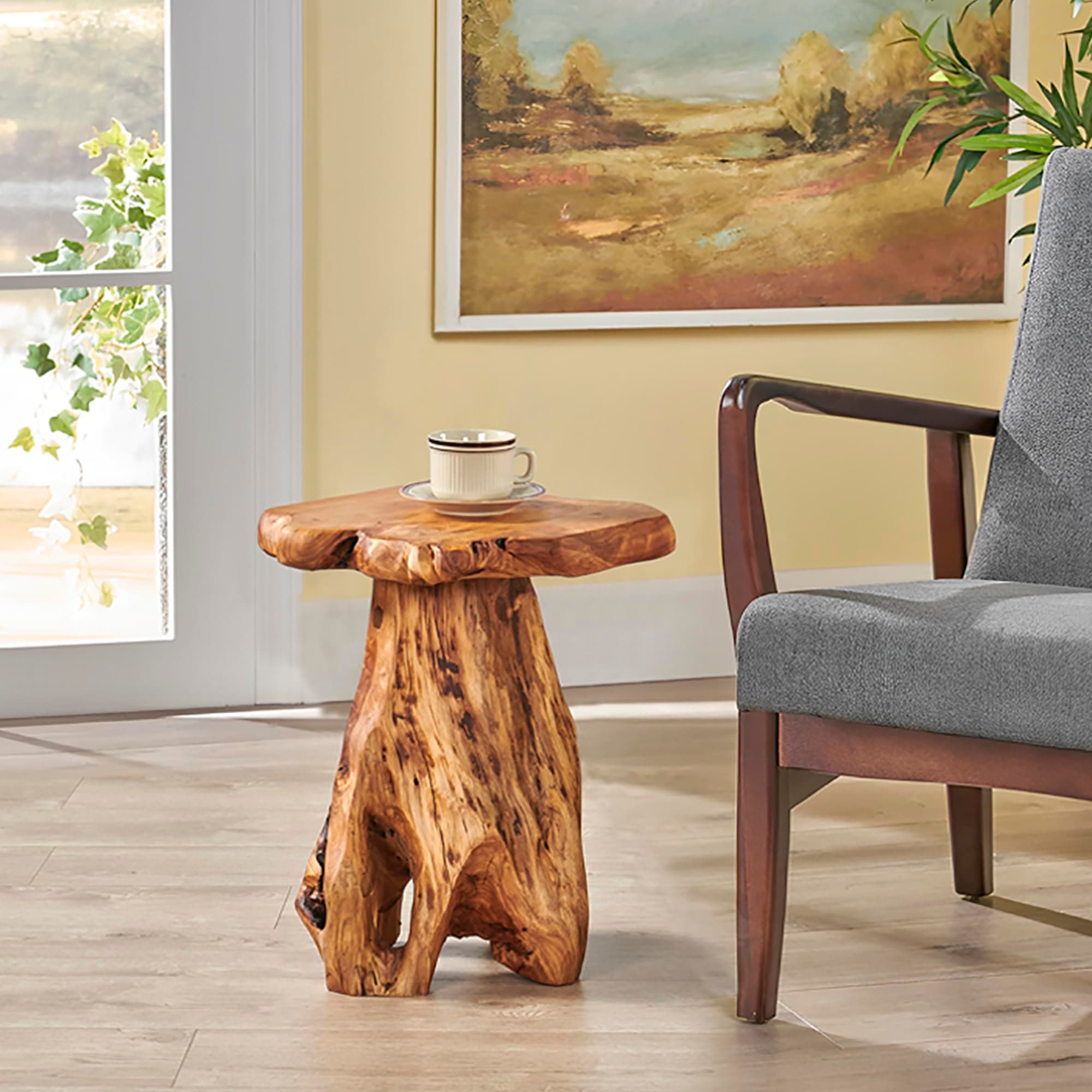 Greenage Cedar Roots Plant Stand Tree Stump End Table 13.5" x 16" x 19" H Wooden Live Edge Side Table for Living Room Bedroom Home Decor Courtyard Wooden Coffee Table