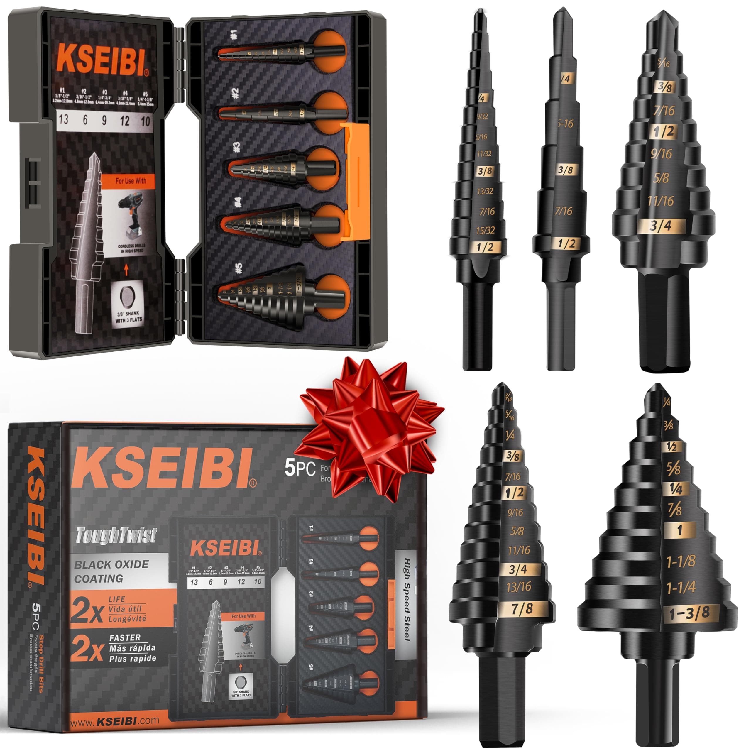 598240 Industrial Grade Unibit 5-Pieces Step Drill Bits Set 3-Flat Shank, High-Speed Steel Metal Drill Bits Kit Black Oxide M2 for Drilling Stainless Steel, Aluminium, Wood