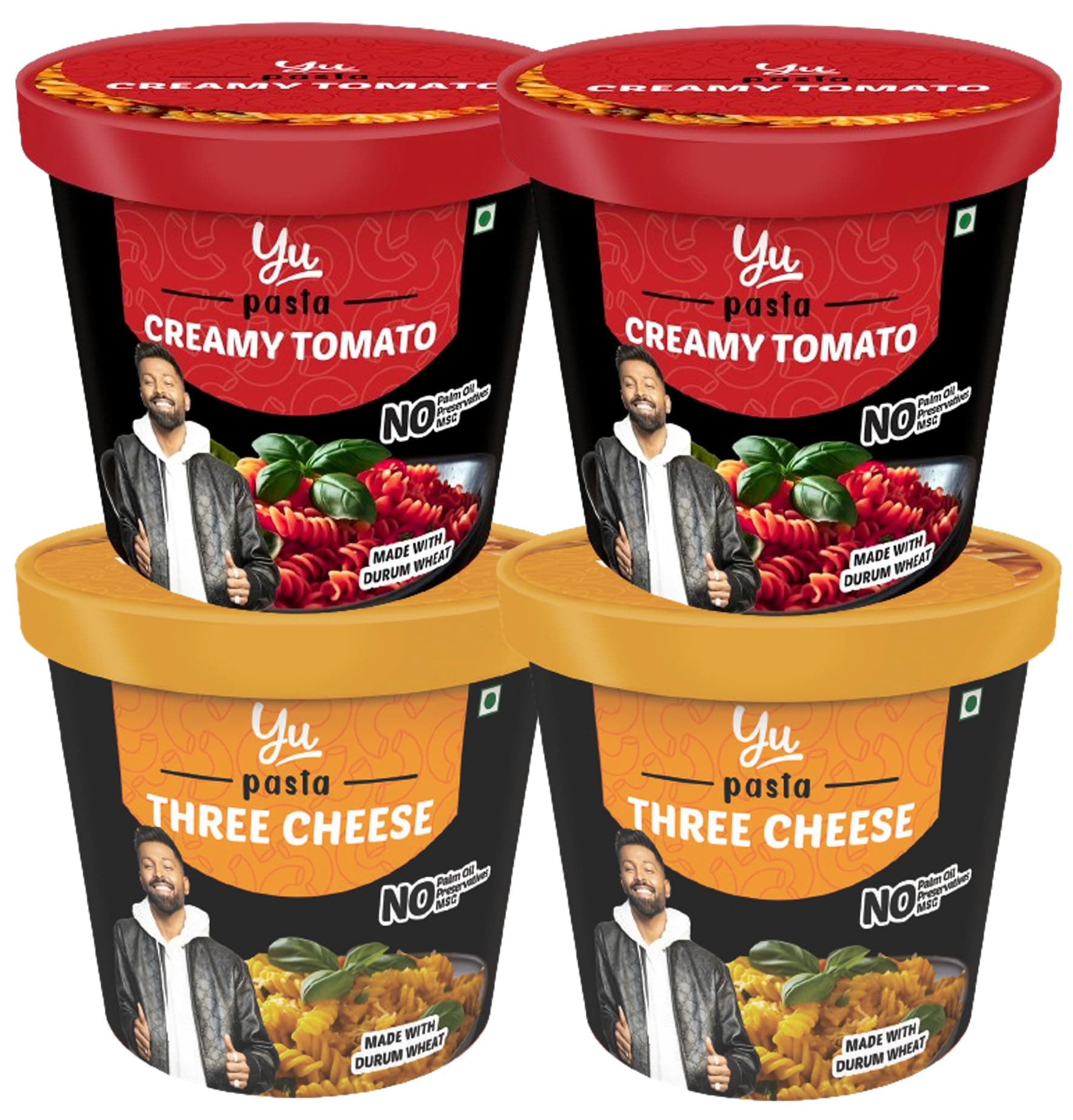 Yu Foodlabs Pasta - Ready to Eat - 2 Three Cheese + 2 Creamy Tomato - Instant Meal - Pack of 4 - No Preservatives & Additives - 100% Natural & Vegetarian - Instant Food in 4 mins - 250g