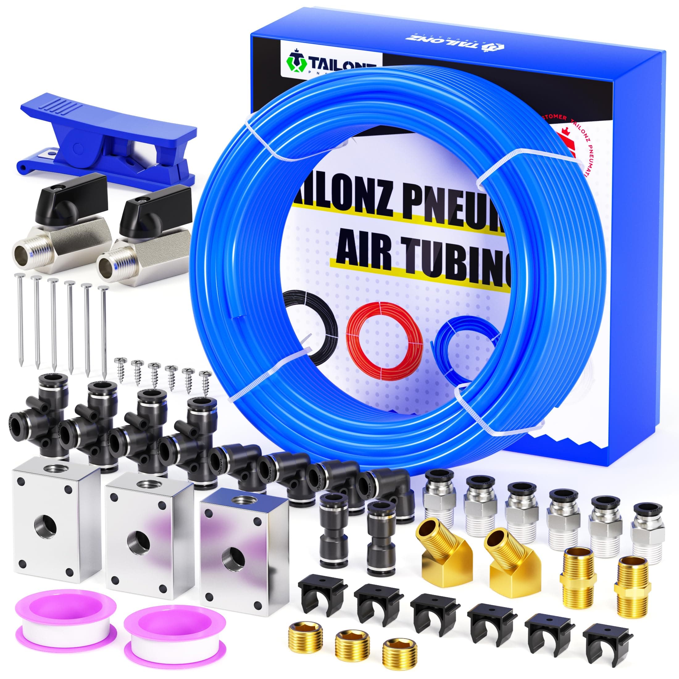 TAILONZ PNEUMATIC Blue 1/2 Inch od 32 Meter 100ft PU Air Tubing Kit Pipe Hose Air Line Tubing Or Fluid Transfer Pneumatic tubing
