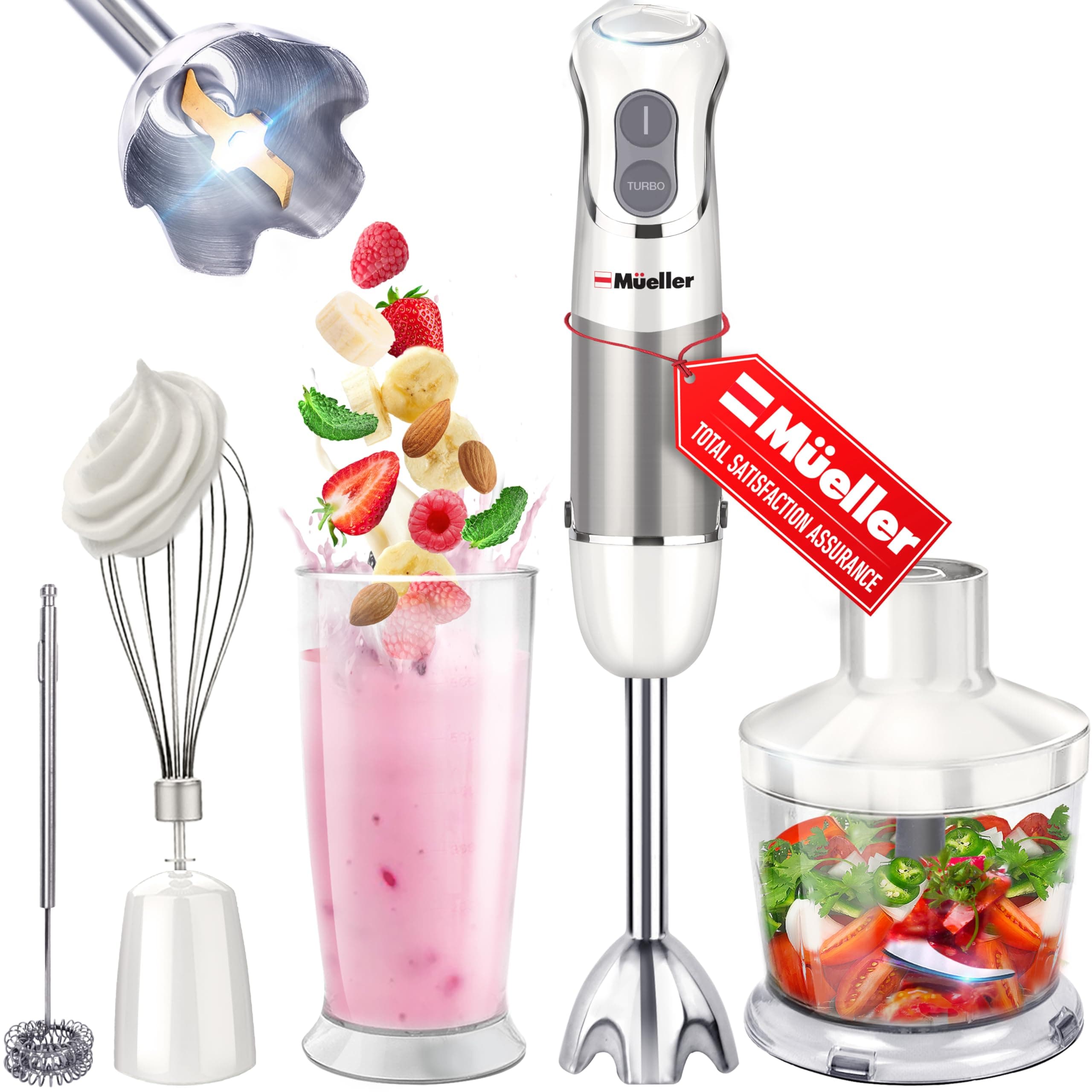 Mueller Multistick 800W 4-in-1 Immersion Blender Handheld, 12 Speed Hand Mixer - Turbo Boost, Heaviest Duty Copper Motor, Titanium Blades Hand Blender, Milk Frother Wand, Whisk, Beaker, Chopper, White