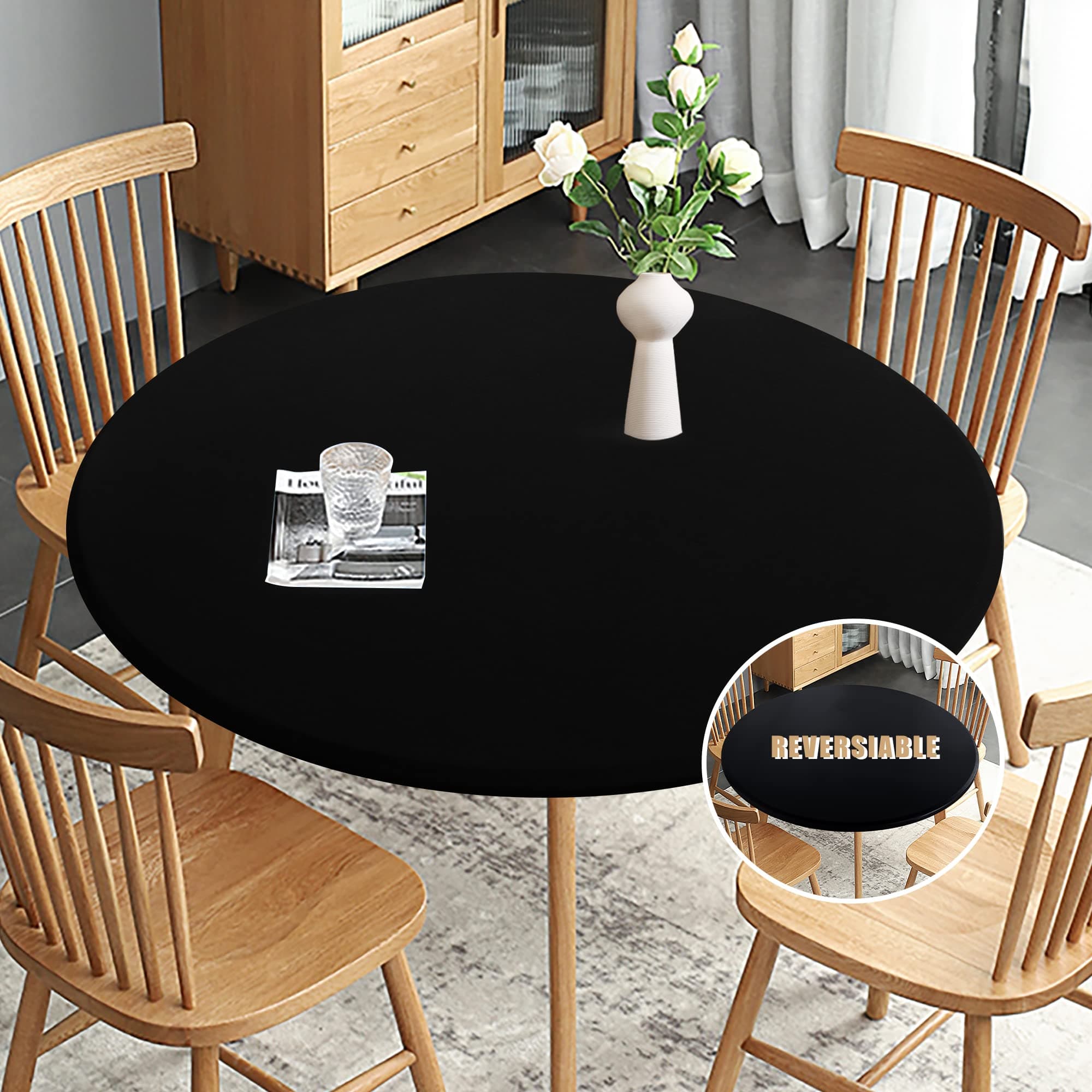 Obstal Fitted Round Table Cloth, Reversible Waterproof Stain Resistant Elastic Stretch Tablecloth, Wipe Clean Table Cover for Outdoor/Indoor Use, Fits Round Tables up to 32" - 36" Diameter, Black