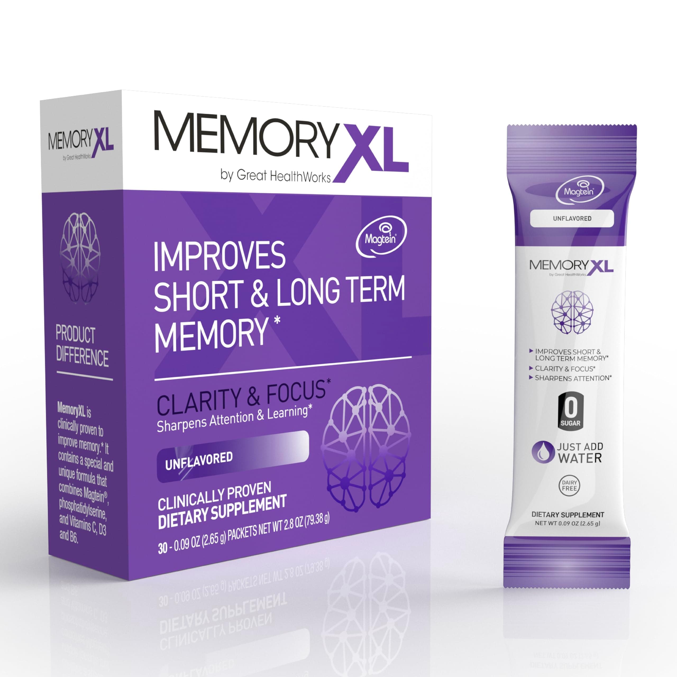 MemoryXL, Magnesium L-Threonate: Brain Supplement for Memory & Focus; Magtein®, Phosphatidylserine, Vitamin Mix. Improves Memory Focus Attention Learning & Logic. 0 Sugar, 0 cal, 30pk Unflavored