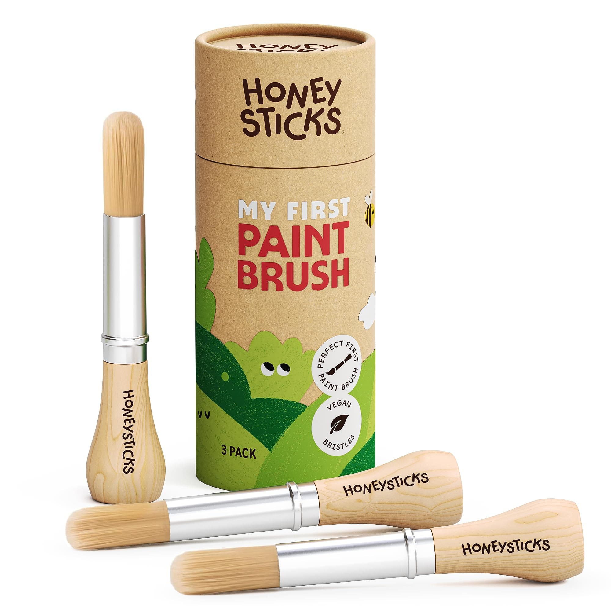 Honeysticks My First Paint Brush Set - 3 Pack. Perfect First Paint Brushes for Baby, Toddler. Jumbo Paint Brushes for Toddlers with a Chubby Wood Handle for Easy Grip. Handy Storage Container. Vegan.