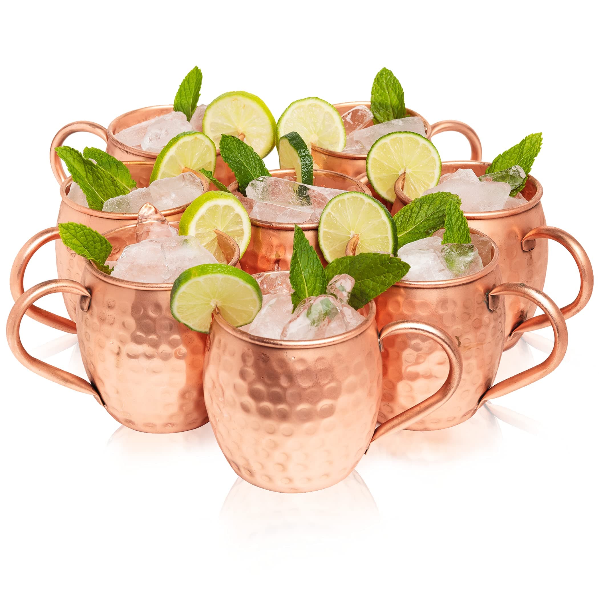 Kitchen Science Moscow Mule Copper Mugs Set of 8, 16 oz Pure Copper Cups, Hammered Finish with Food-Grade Lacquer, Smooth Rounded Lip, Ergonomic Rivet-Free Handle, Solid Grip for Cocktails