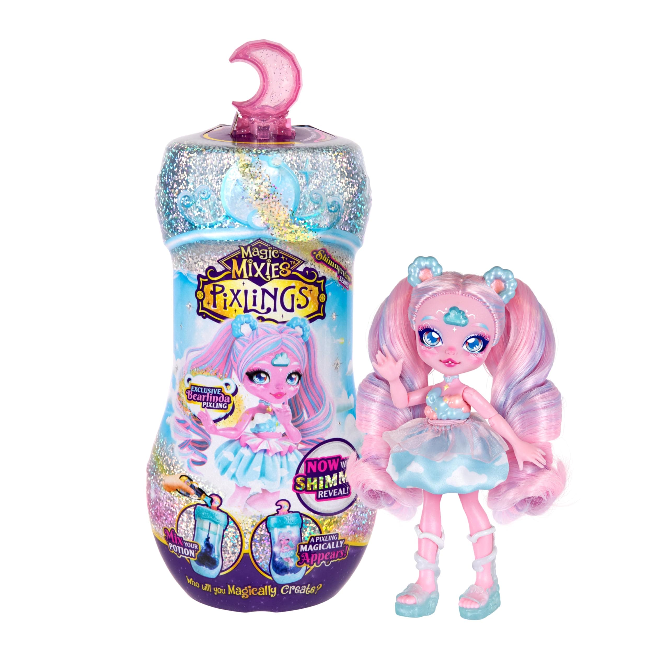 Pixlings Shimmerverse Series, Create & Mix A Magic Shimmering Potion to Magically Reveal Bearlinda The Polar Bear, This Beautiful 6.5" Fashion Doll Appears Inside The Potion Bottle