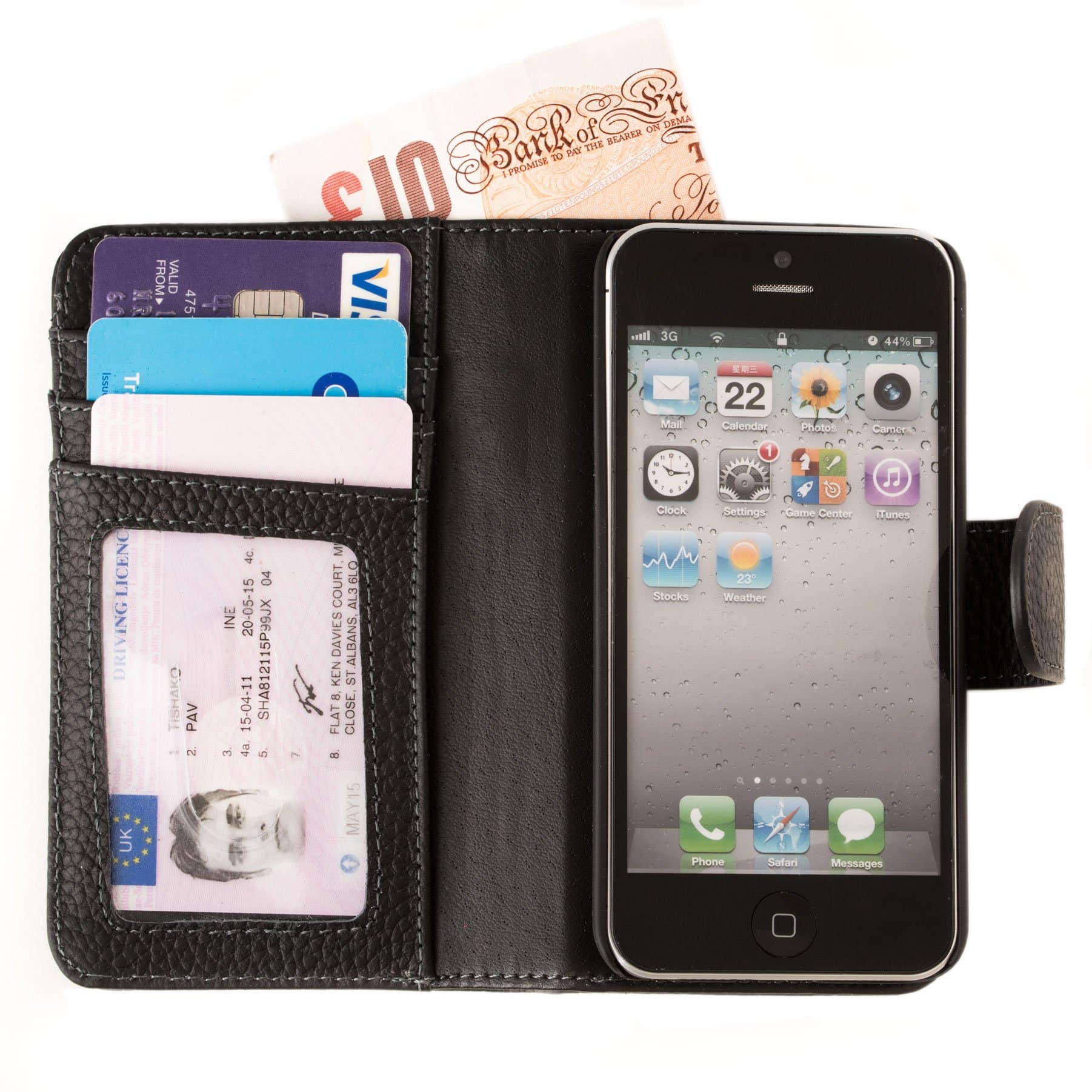 Manhattan Real Leather Full Wallet Case, iPhone 5 5S with Card Holder & Note Pocket in Black