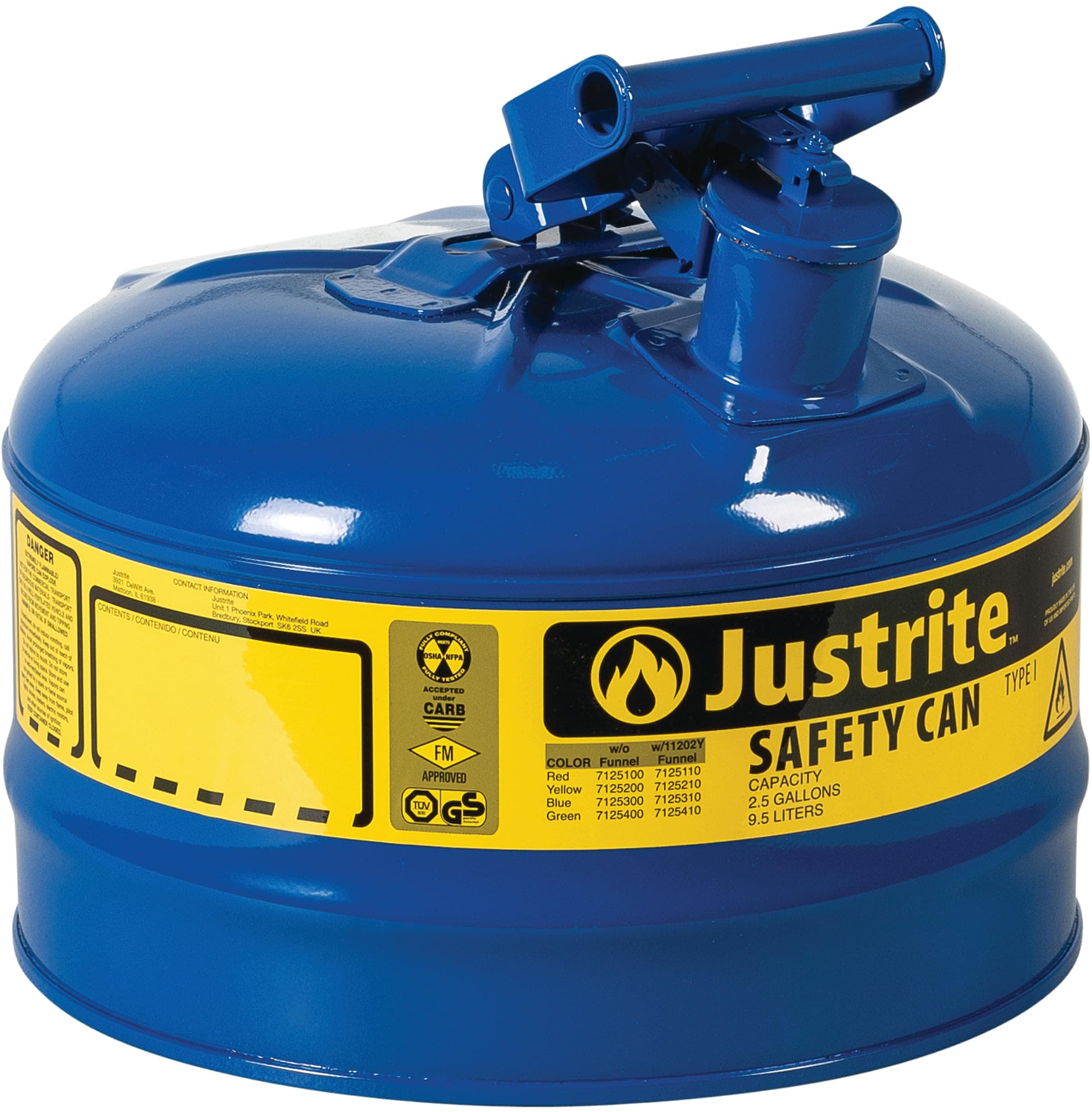 Justrite 2.5 Gallon Type I Blue Safety Can for Kerosene with Flame Arrester and Self-Closing Lid, Made in the USA, Galvanized Steel Flammable Storage Can, 7125300