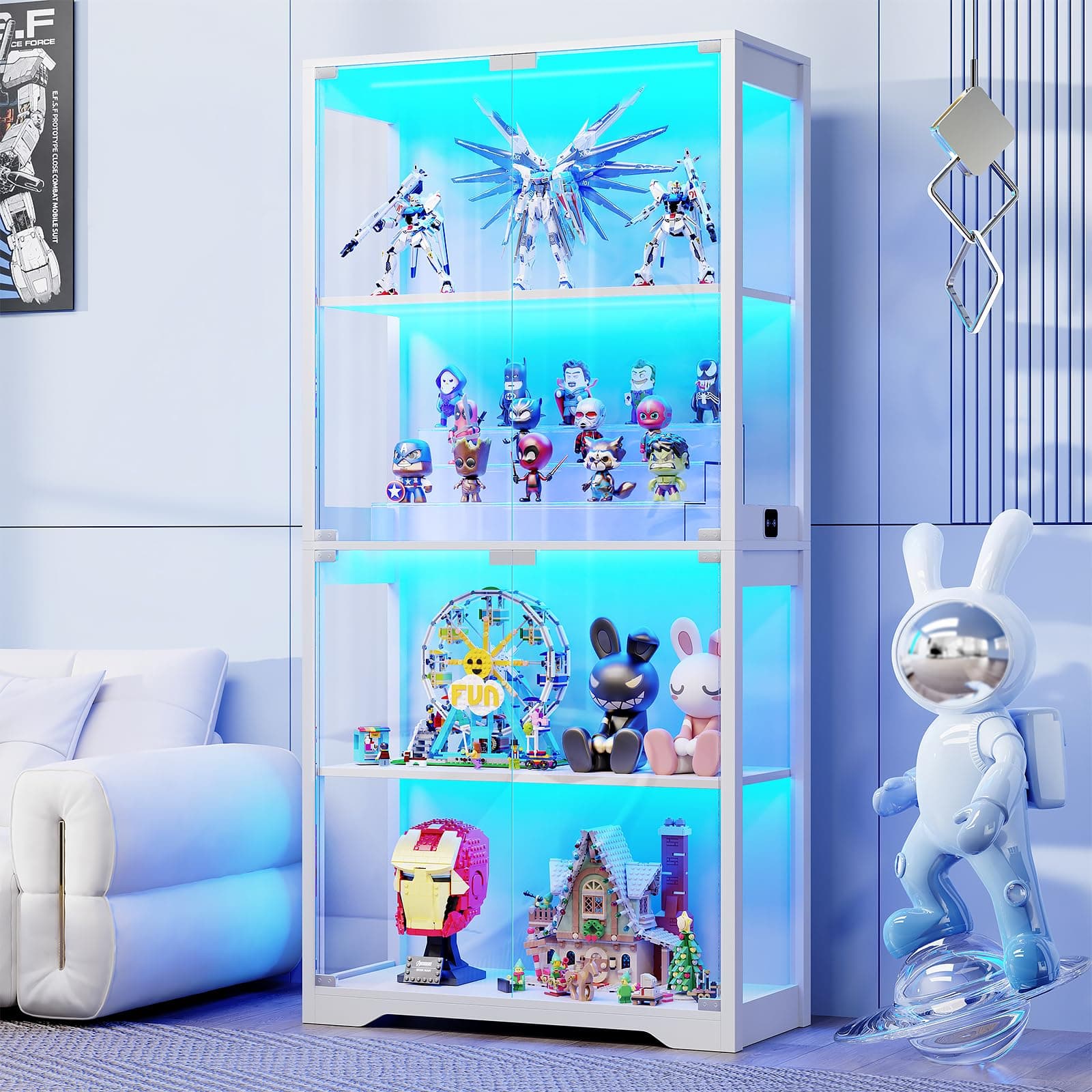 Display Cabinet with Glass Doors, 4-Tier Curio Cabinet with 3 Color Lights for Collectibles, Glass Display Case with Human Body Sensor, Bookcase with 4 Shelves, Storage Cabinets, White
