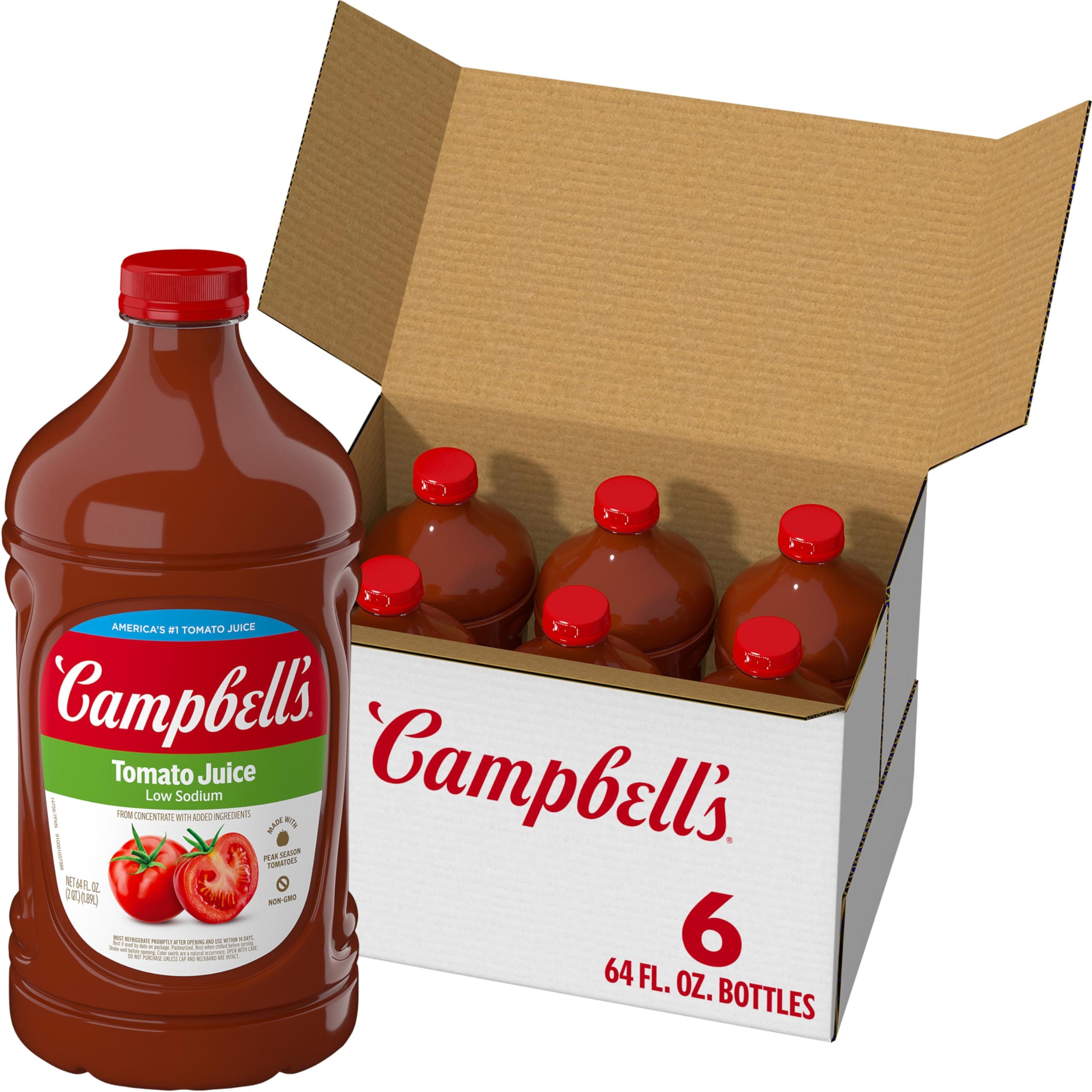 Campbell's Low Sodium 100% Tomato Juice, 64 fl oz Bottle (6 Pack)