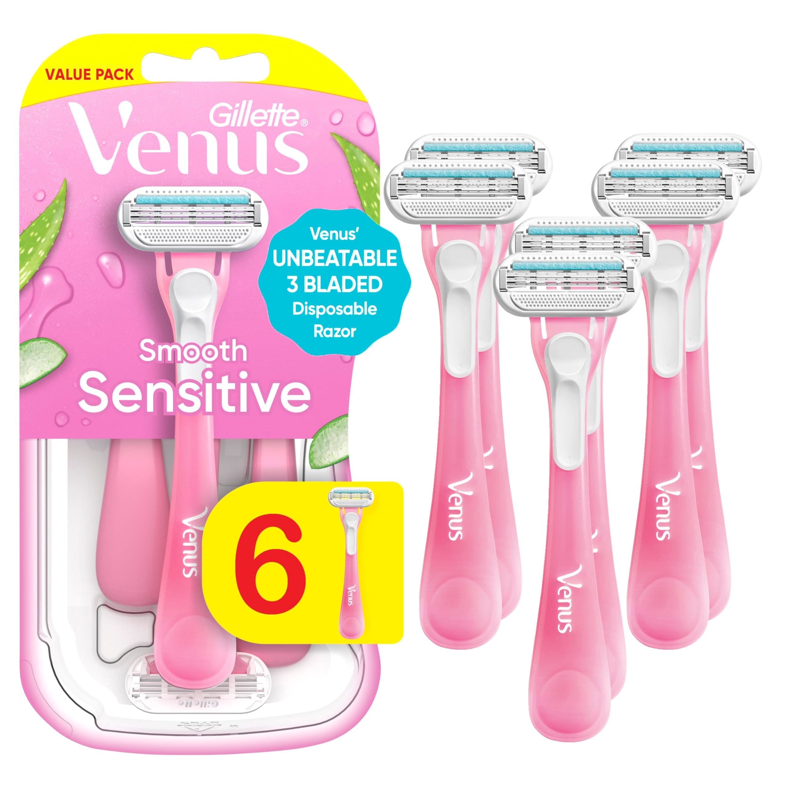 Gillette Venus Sensitive Disposable Razors for Women with Sensitive Skin, 6 Count, Delivers Close Shave with Comfort