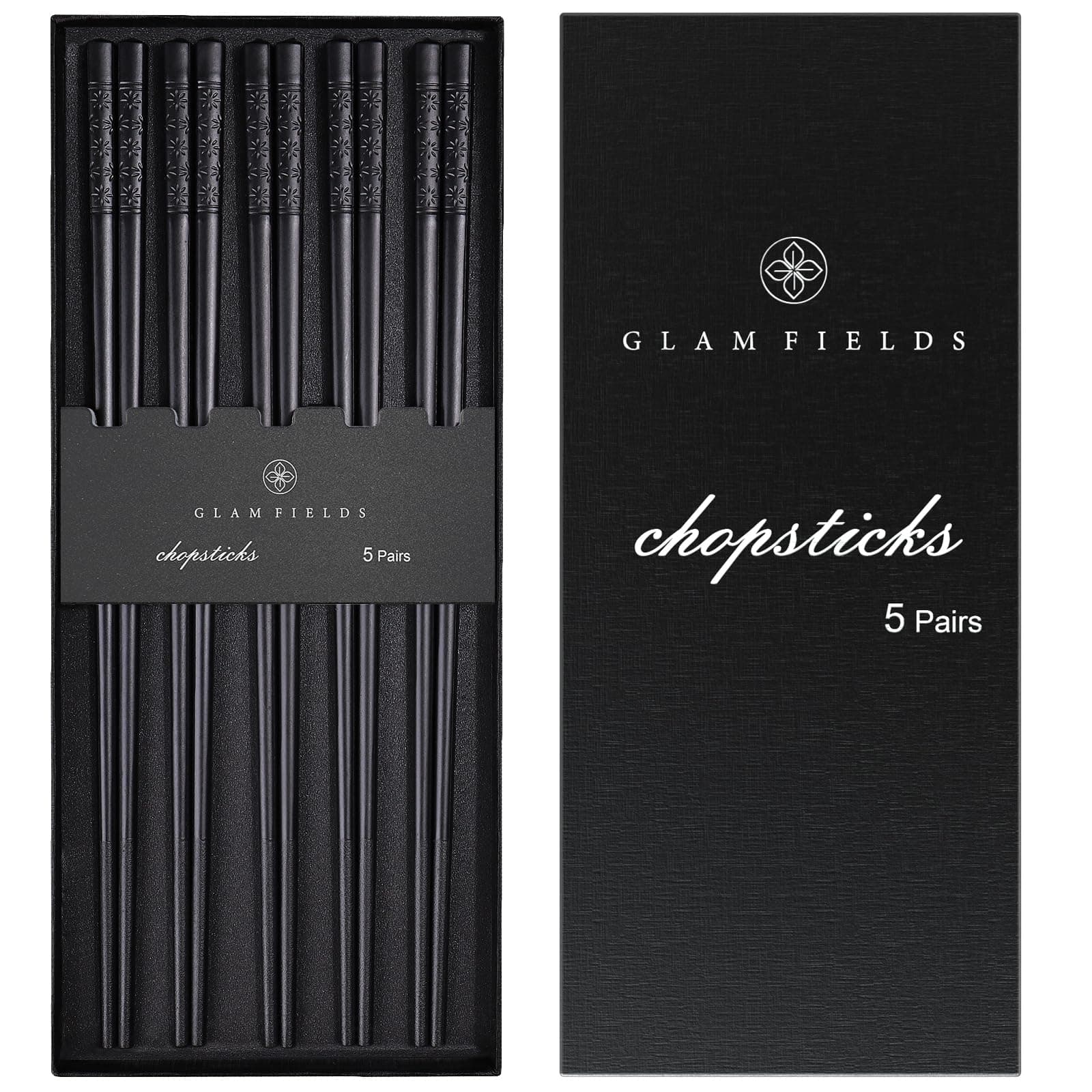 GLAMFIELDS 5 Pairs Premium Chopsticks Reusable Dishwasher Safe 9.5 Inch Fiberglass Chop Sticks Gift Set Non Slip Lightweight Cherry Blossom Pattern