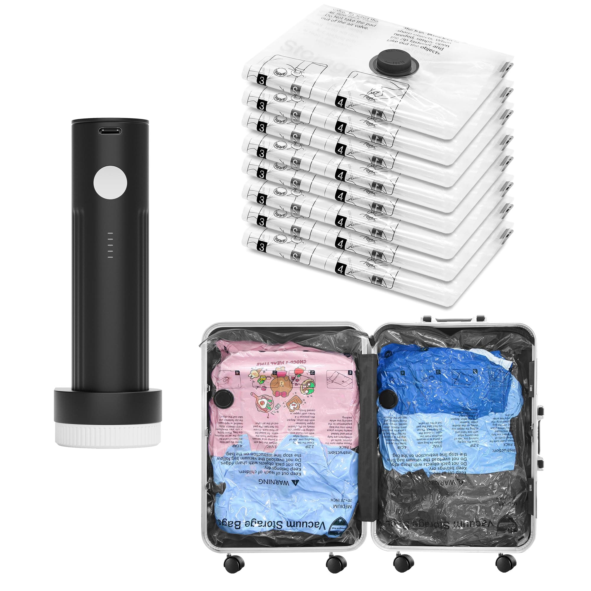 Vacuum Bags for Travel with Rechargeable Pump, 8 Small Compression Packing Seal Bags for Luggage Suitcase, Space Saver for Clothing and Clothes Storage Travel