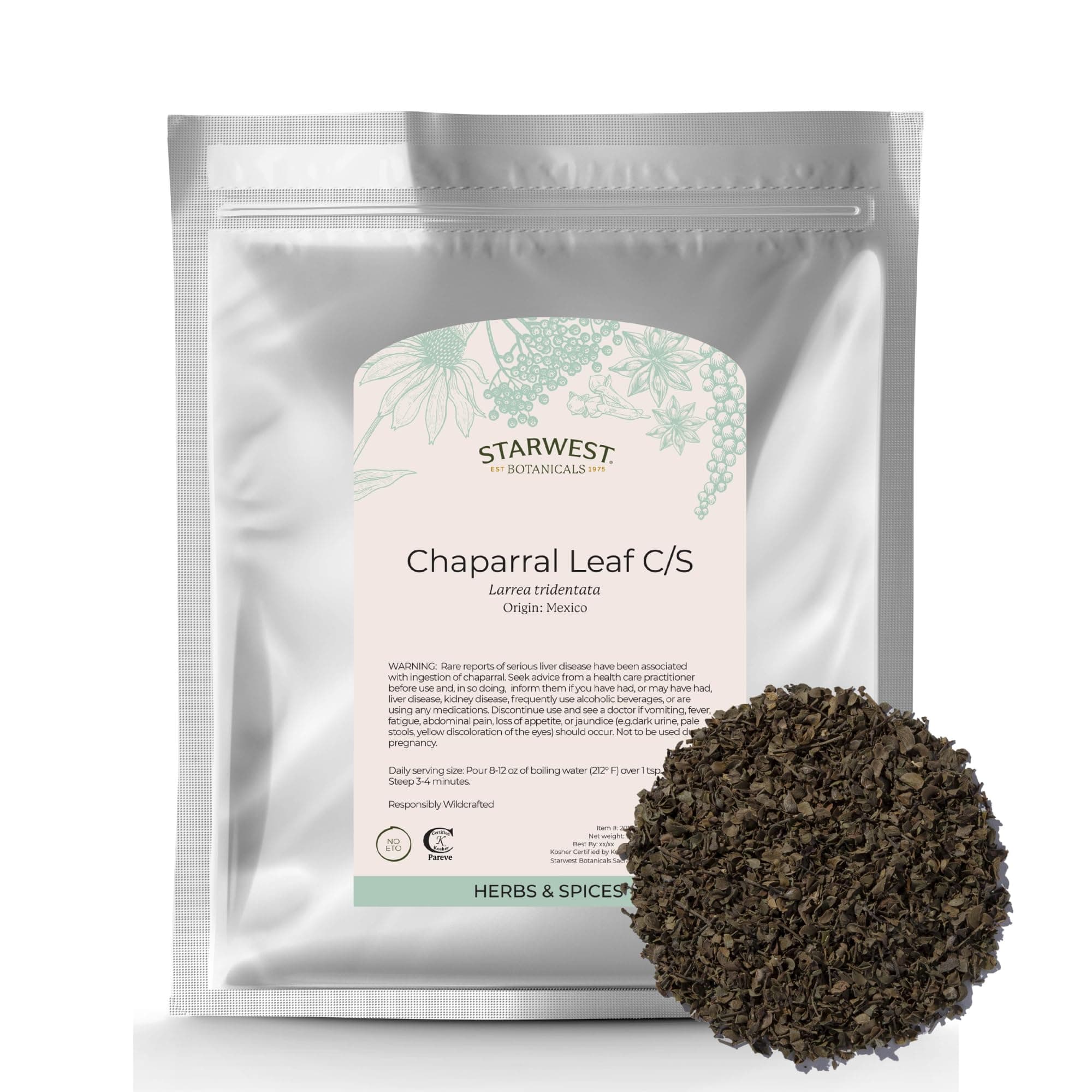 Wildcrafted Chaparral Leaf - Dried Loose Leaf Herb for Tea, Sourced from Creosote Bush, Cut & Sifted, Certified Kosher - Bulk 1 lb Bag