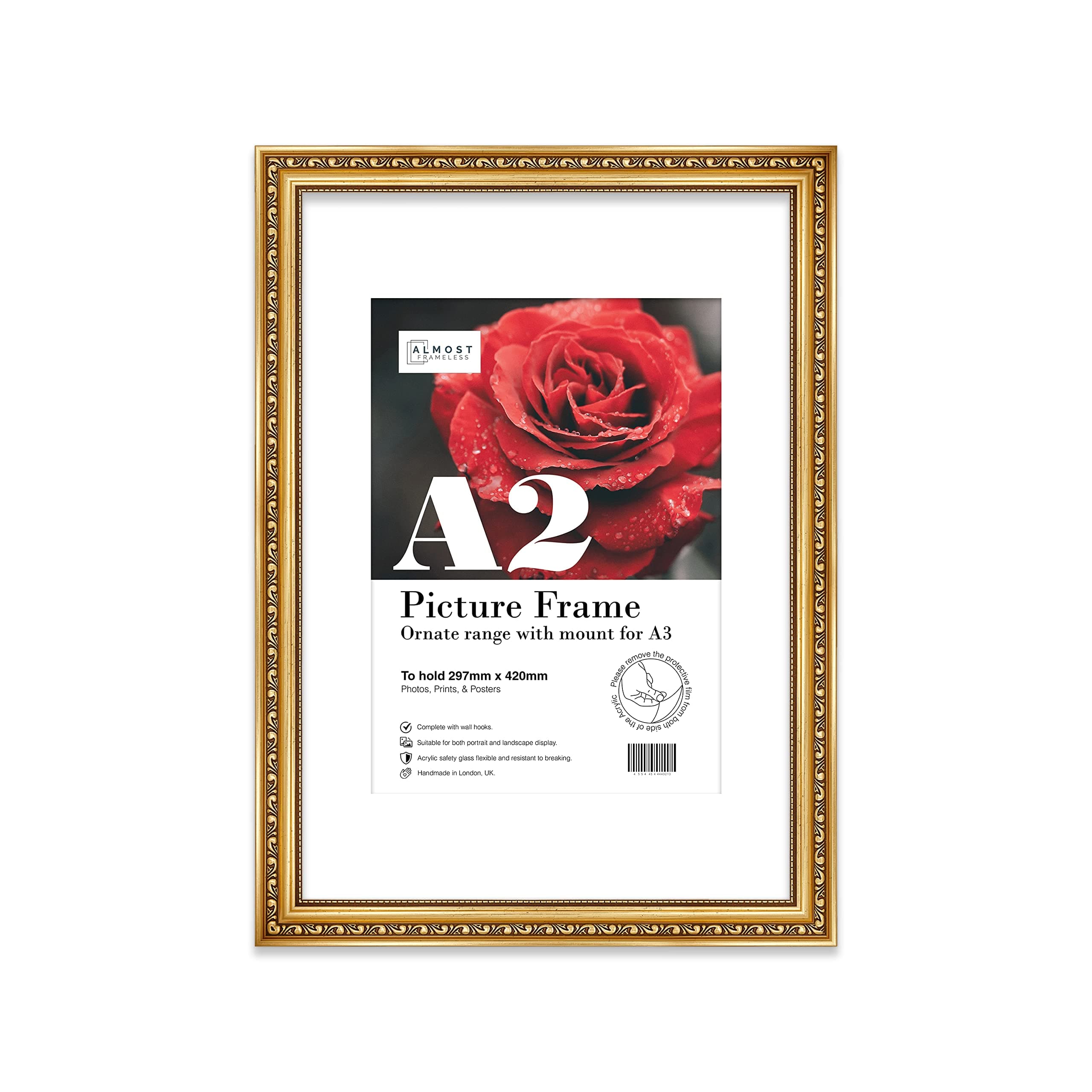 A2 Gold Ornate Picture Frame With White Mount for A3 (29.7 x 42cm - 11.7 x 16.5in) Poster, Photo, Artwork, or Print. Elegant Style Portrait Landscape Display Wall Hooks