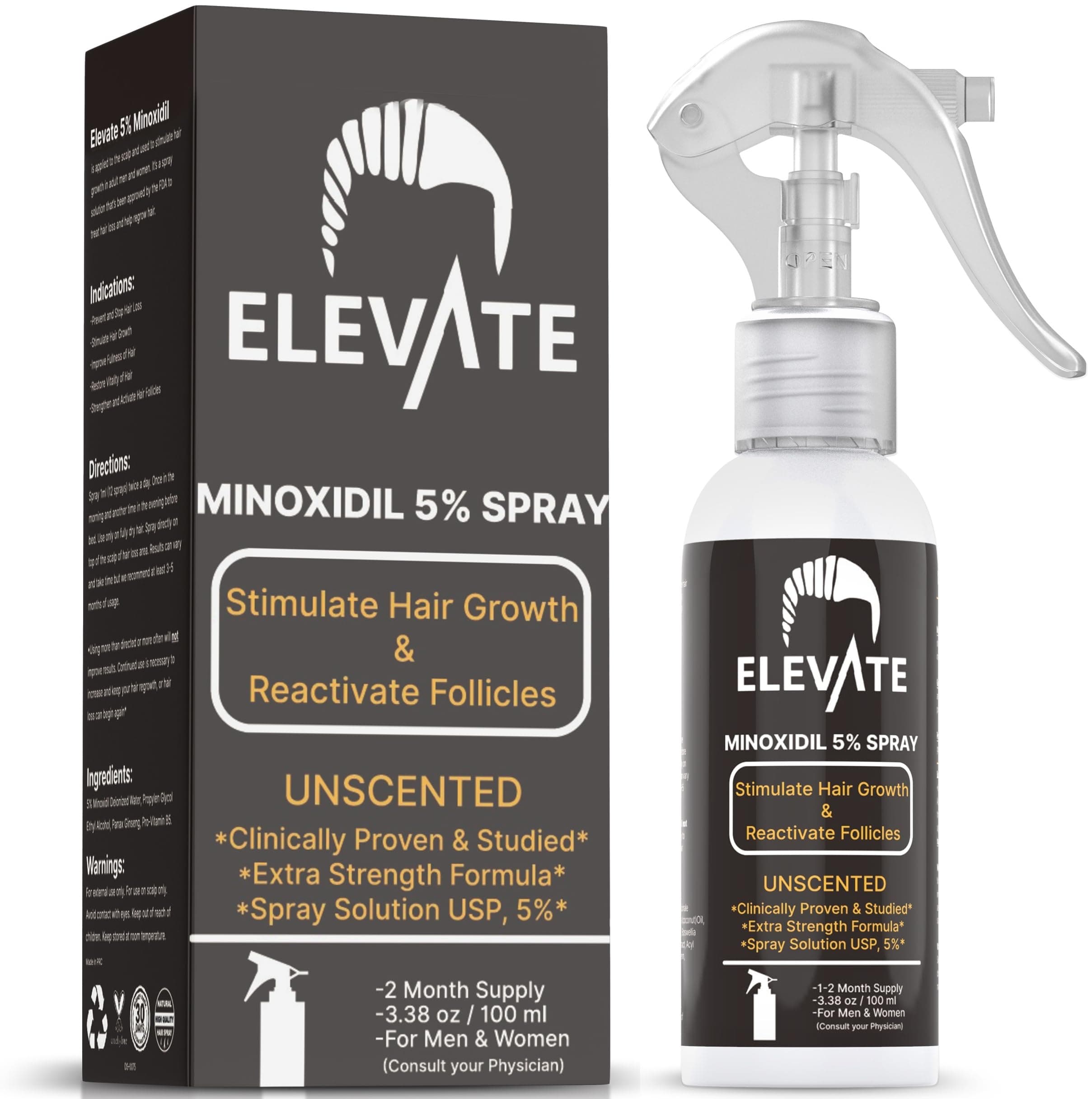 Elevate Hair Regrowth Treatment 5% Minoxidil Spray - Extra Strength Formula Professional Treatment for Hair Loss and Thinning for Regrowth - Stimulate Follicles for Men and Women 1 Month Supply