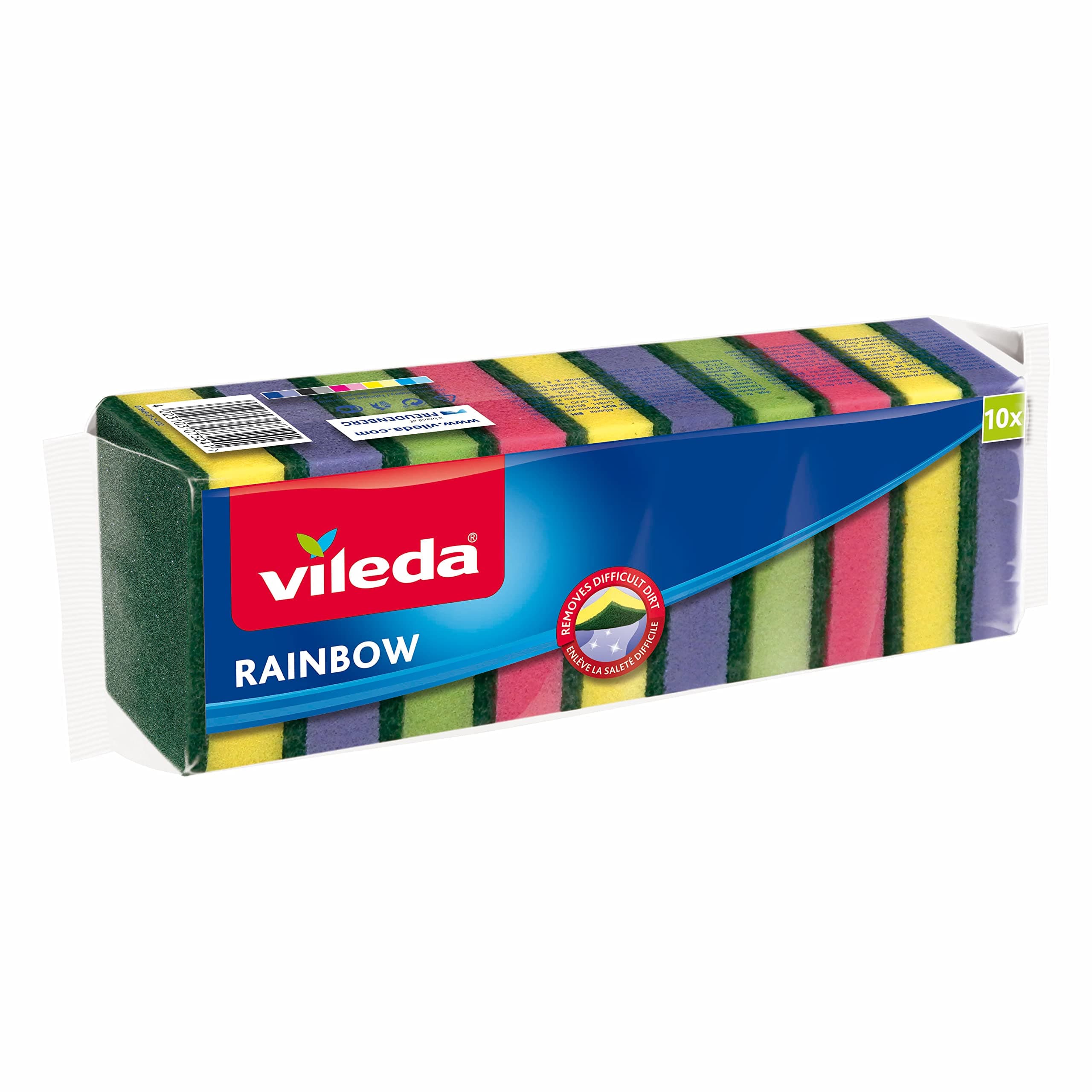Vileda Rainbow Medium Foam Sponge Scourer, Eco-Friendly, Comfortable Grip, Value Pack 10 Pcs, Multi Colours