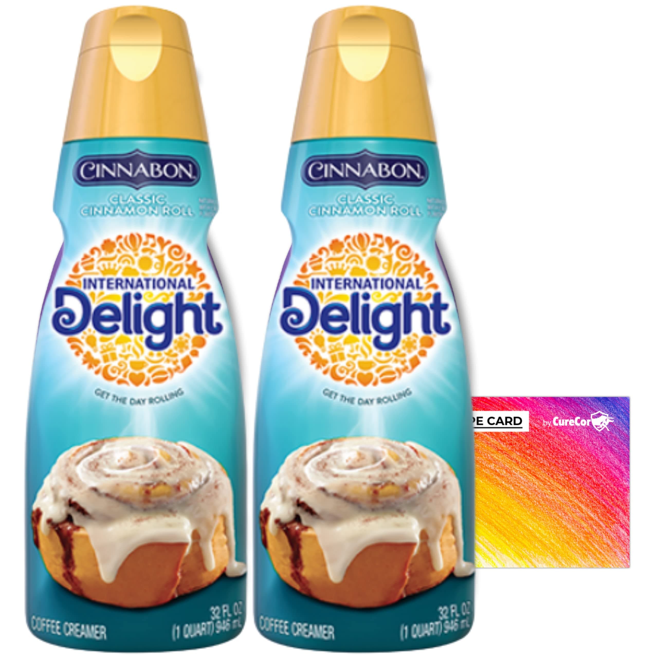 International-Delight Liquid Coffee Creamer.- Two (2) 32 fl oz Bottles of Creamy Smooth Delightful Coffee Creamer and One Authentic CureCor Collective Sticker! (Cinnabon Classic Cinnamon Roll)