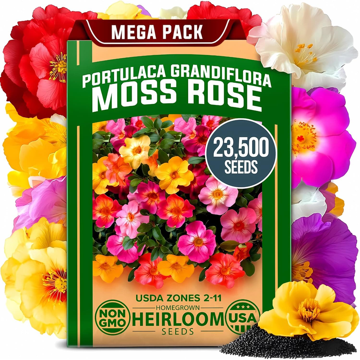 HOME GROWN 23,500+ Moss Rose Seeds (Bulk Pack) Annual Flower for Ground Cover - Heirloom Portulaca Seeds for Planting Outdoors - Great for Low-Maintenance Gardens (Portulaca grandiflora)